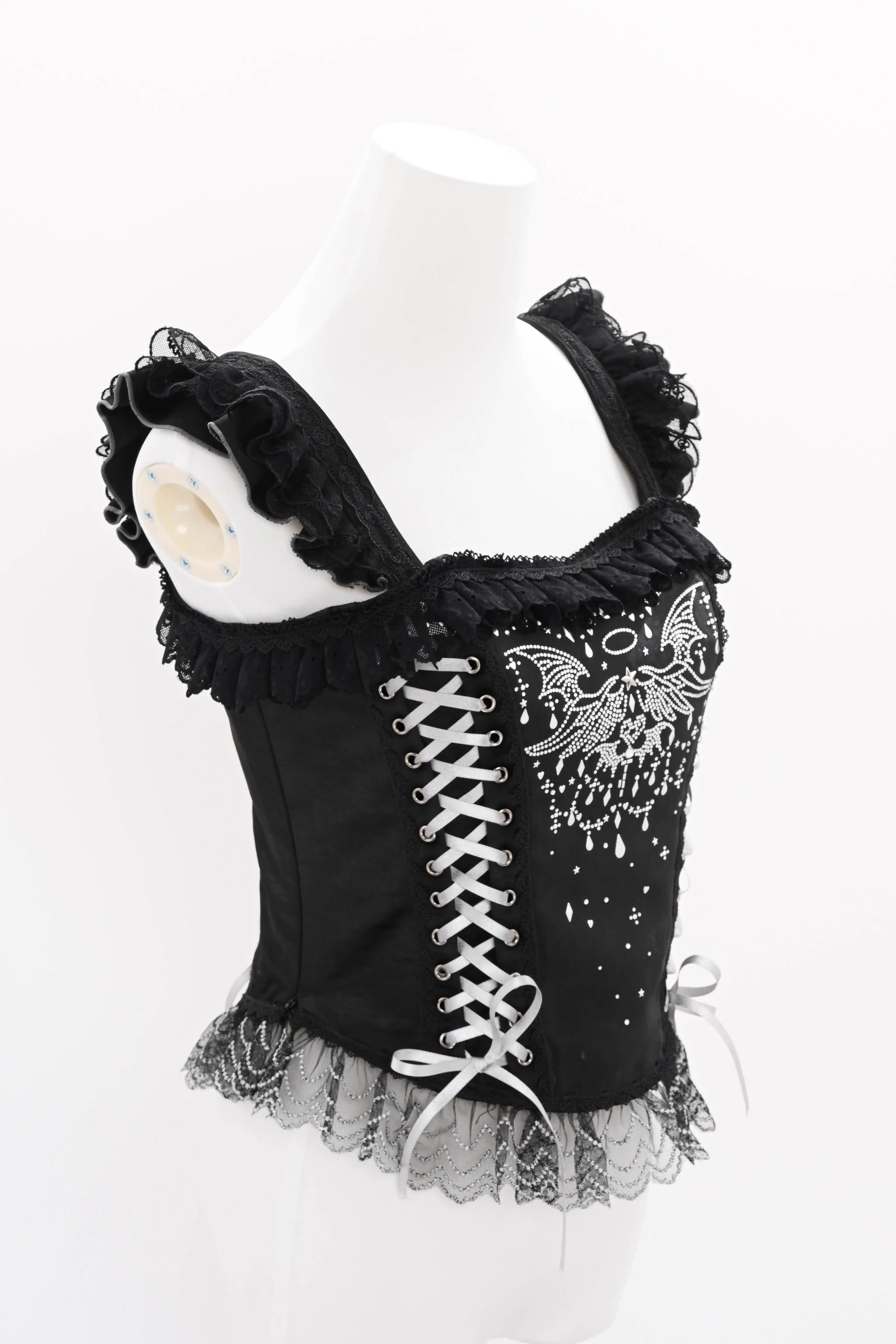 LustrE - Metallic Angel Black - Gothic Lolita Rhinestone Top & Ruffled Skirt Set 43991:791092