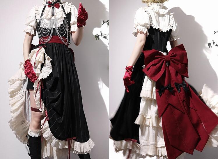 Striped Poem - Gothic Lolita Striped OP Dress with Detachable Sleeves 45403:850466