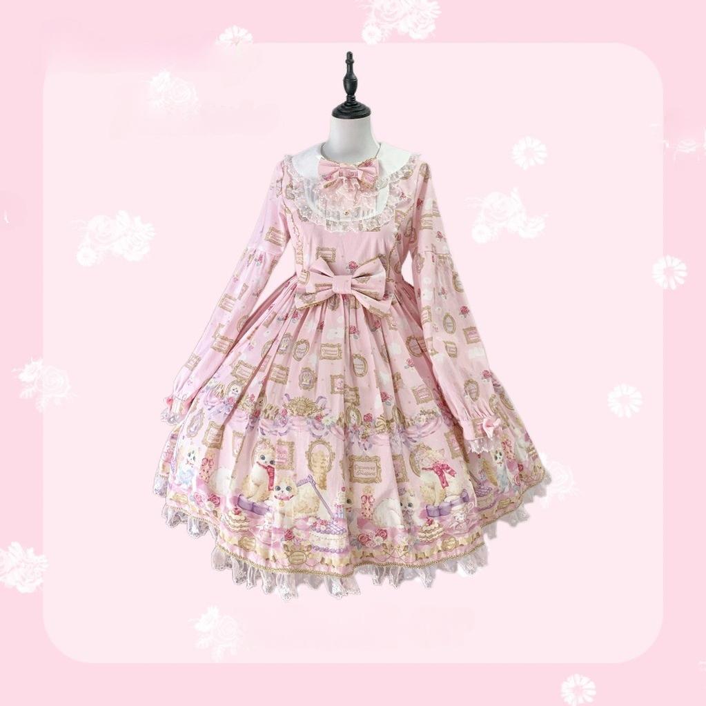 Discovering Treasures - Picture Frame Cat - Kawaii Lolita Dress Suit Cat Print JSK and OP (L M S XL) 42605:746473