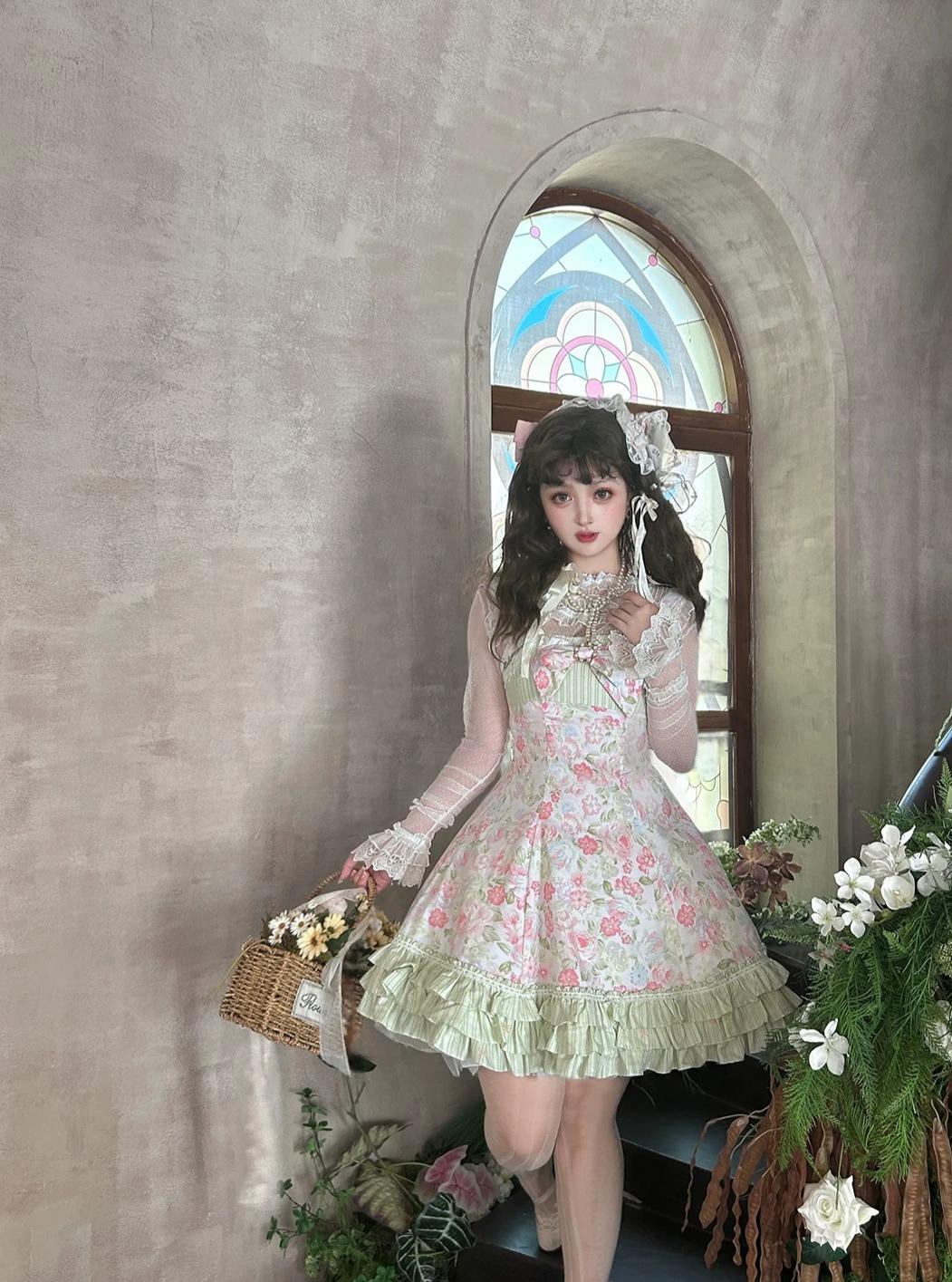 Rose Spring Romance - Cotton Old School Lolita JSK Dress, Floral Print
