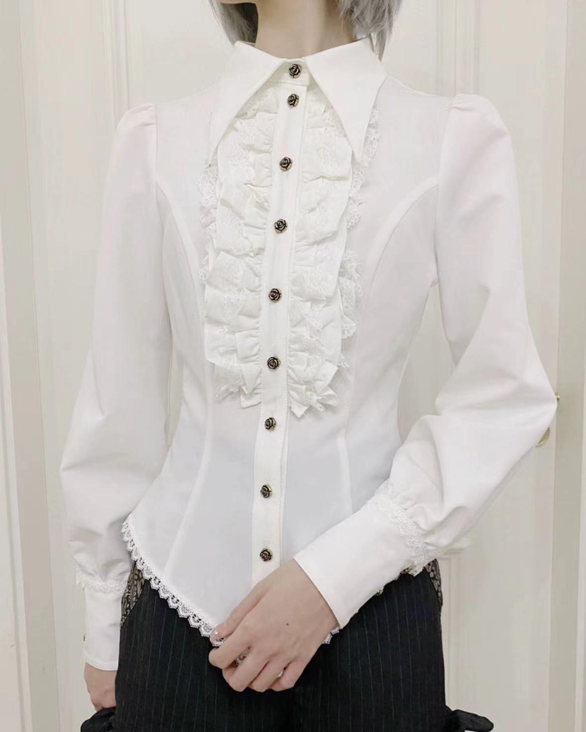 Little Dipper~Gothic Lolita Shirt Solid Color Long Sleeve Blouse S Off-white shirt with white lace [short length] 