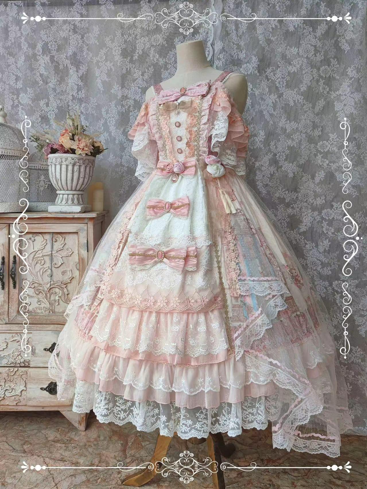 Garden Cat - Gorgeous Lolita JSK Dress Wedding Lolita Dress Full set + neck decoration L Pink