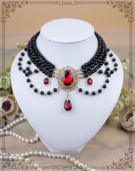 Rose of Sharon - Customized Lolita Pearl Necklace with Gemstone Pendants Black Pearl + Dark Red Gemstone/Pendant