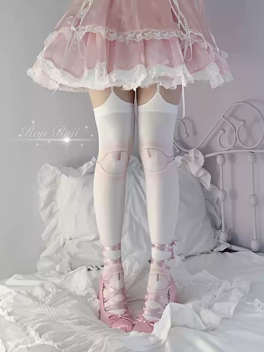 Roji Roji - Sweet Lolita Pantyhose, Joint Print Light Stockings One Size(Height: 4'11" (150 cm)~5'7" (170 cm) Pink Velvet Over - the-Knee (Strap)