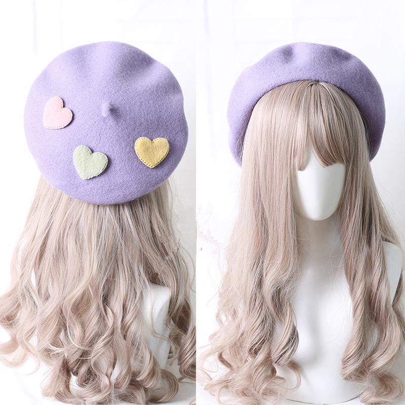 Xiaogui - Sweet Lolita Beret Loving Heart Wool Hat Multicolor