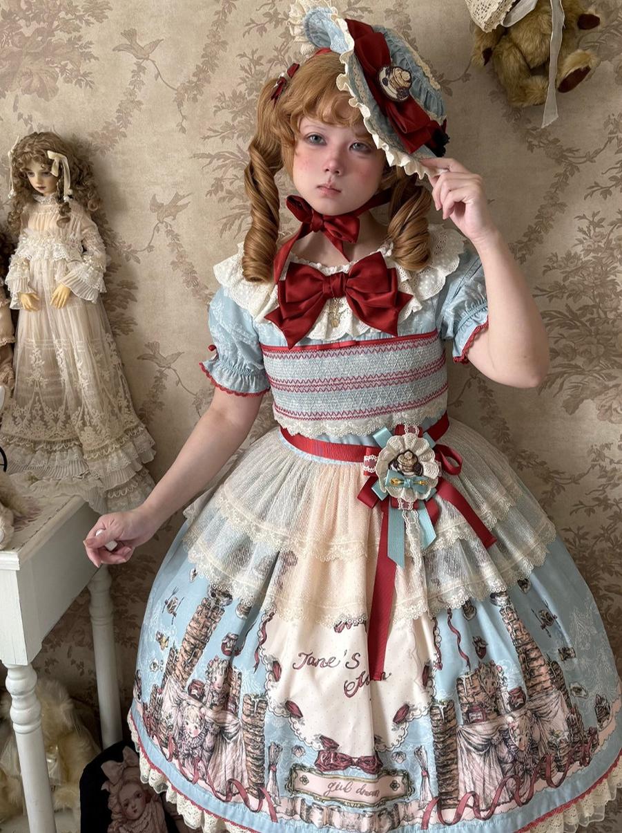 Pancake Postman - Kawaii Lolita Printed OP & Salopette Dress, Lace & Bows