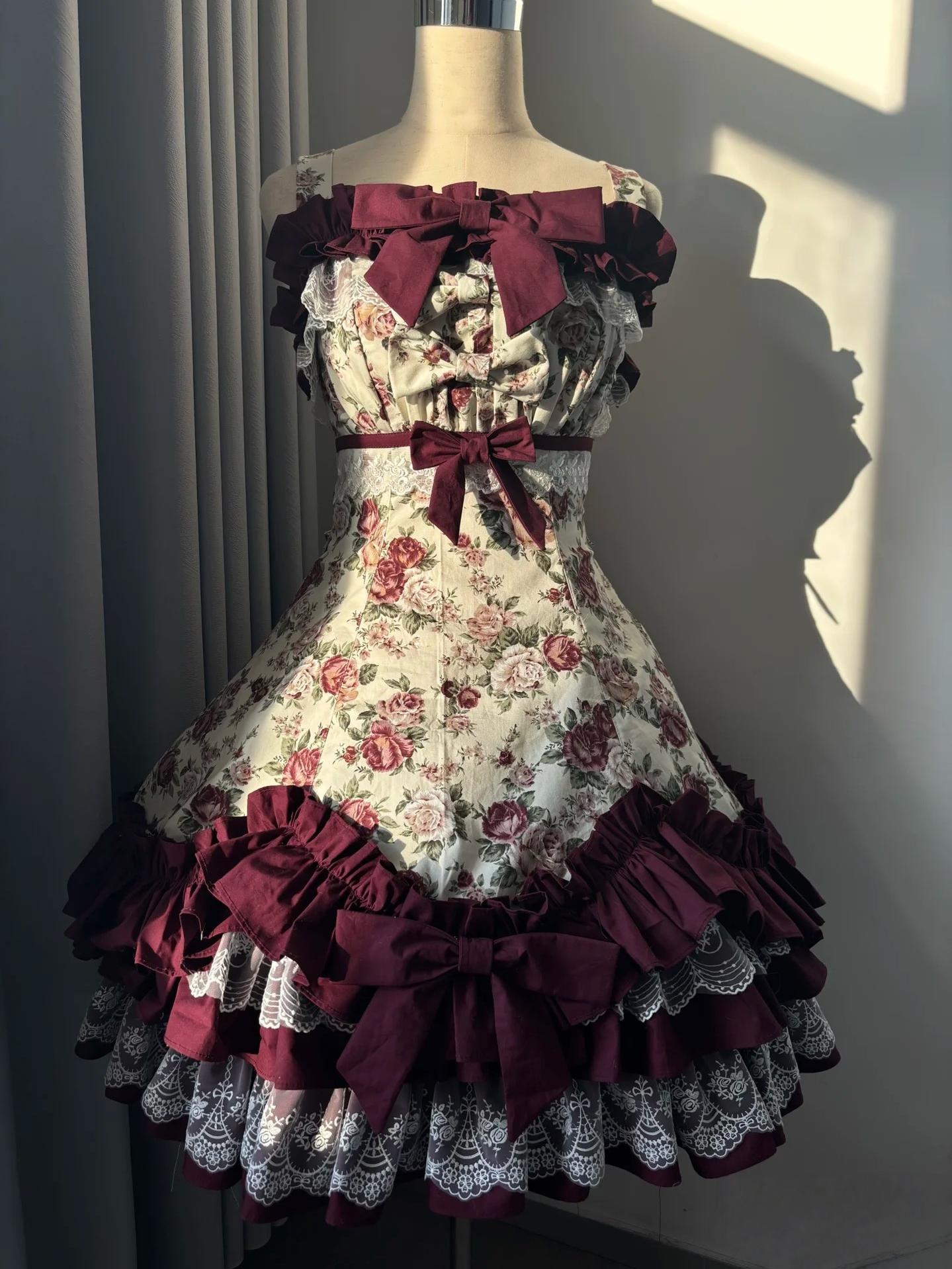 TaTaTa Lolita - Burgundy Rose - Floral Printed Old School Lolita JSK, Elegant Cape JSK Only S