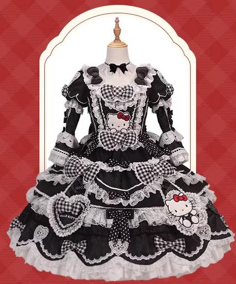 IP Collaboration Sweet Lolita OP Dress, Kitty Details Black and White - OP Dress + Choker XS