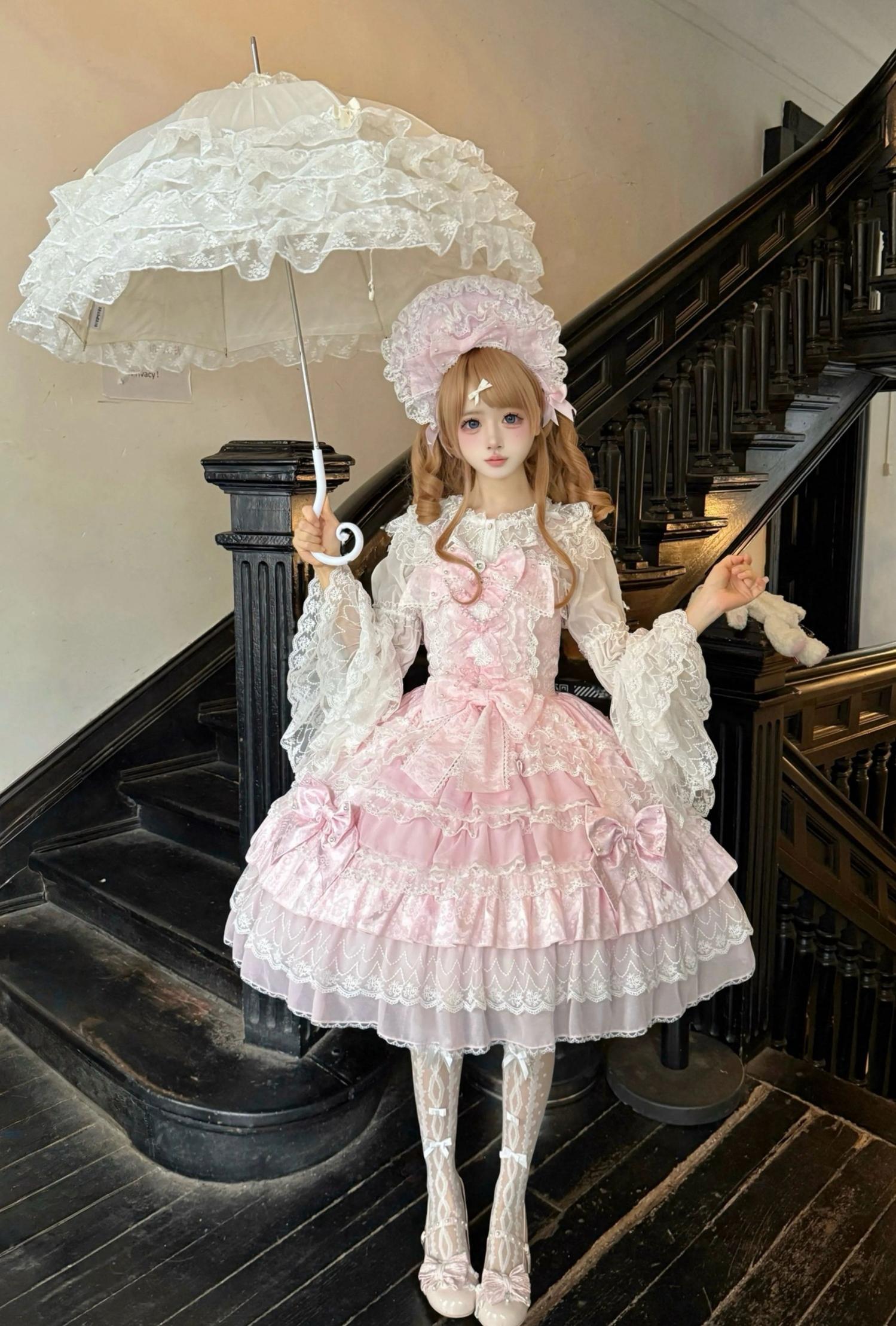 Slumbering Pearl Curtain - Sweet Lolita JSK Dress, Pearl Bows and Layered Lace 45780:862509