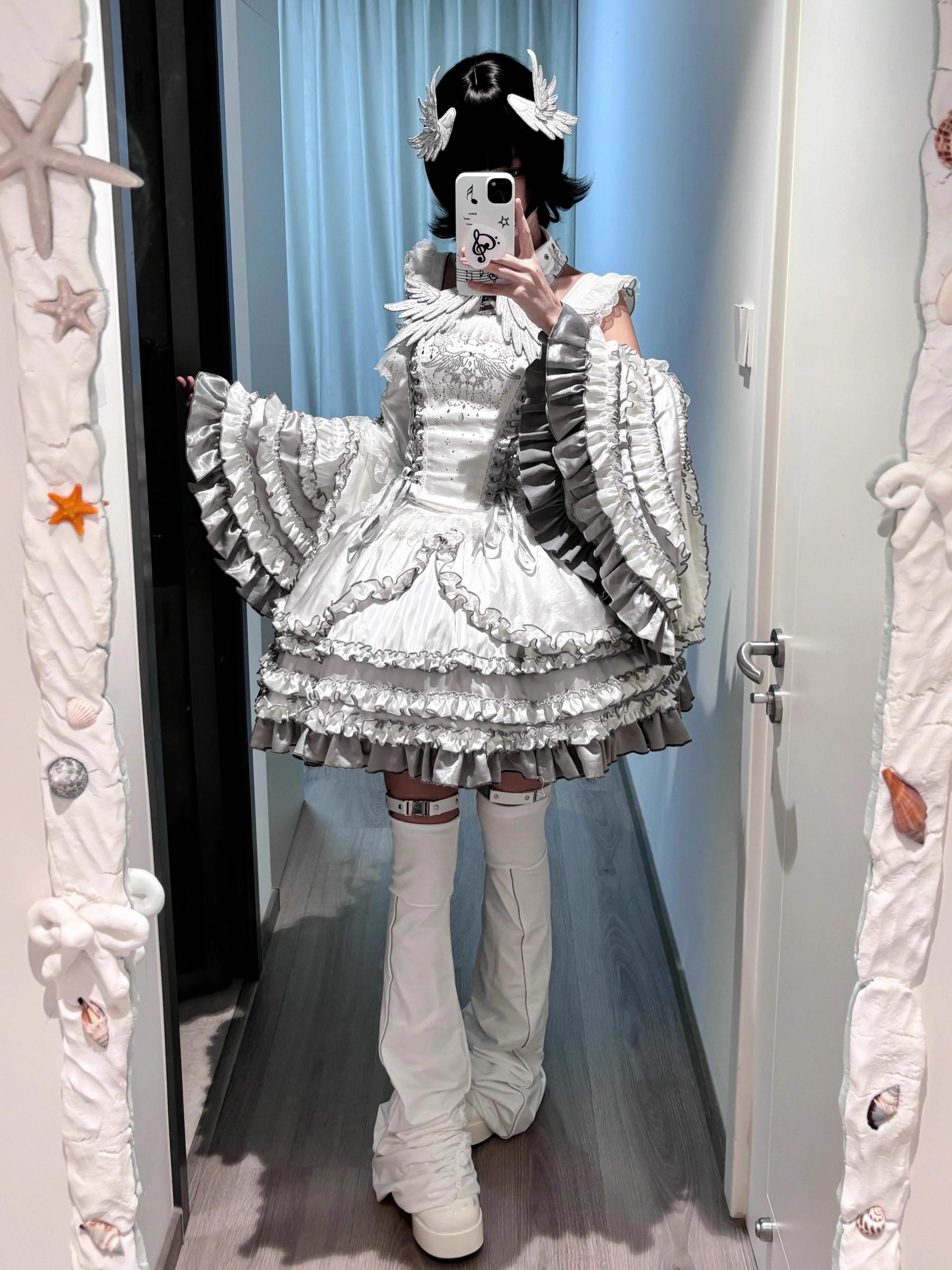 LustrE - Metallic Angel - Silver-white Punk Lolita JSK, Wing and Rhinestone Details 44276:801909