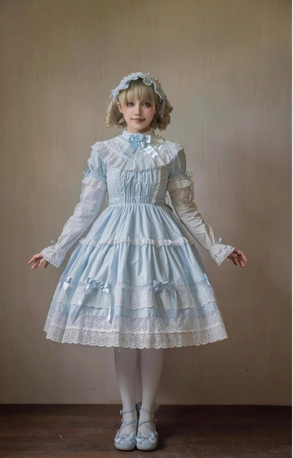 Edelburg Rose - Old School Lolita Cotton OP Dress Set, Detachable Sleeves 45685:859148