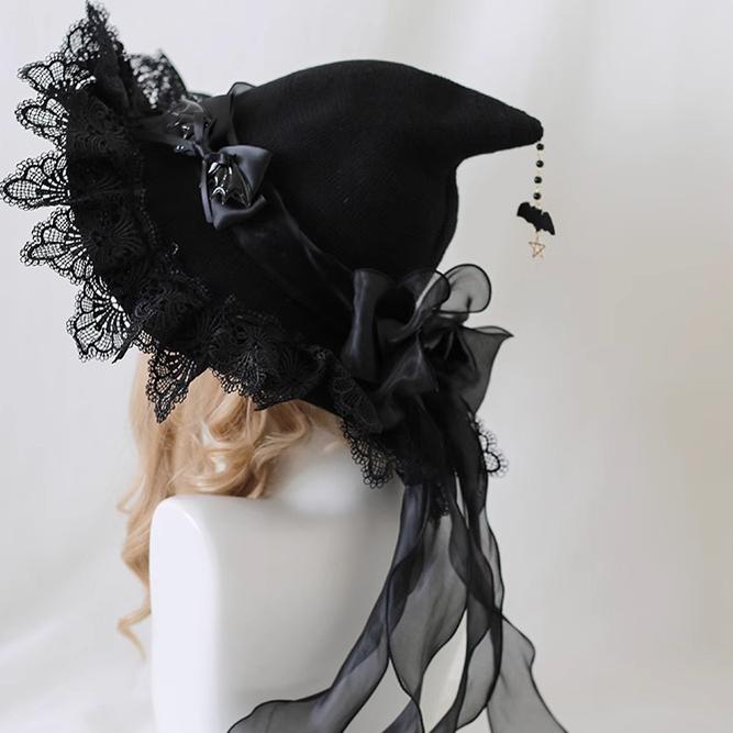 Xiaogui - Halloween Lolita Hat Devil Lace Woolen Witch Hat Children's size (head circumference within 54cm) Black sequin yarn