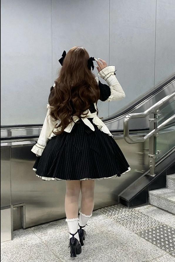 Chubby Cat Diary - Afternoon Tea - Striped Sweet Lolita OP, Petal-Ruffled Apron 44318:804554