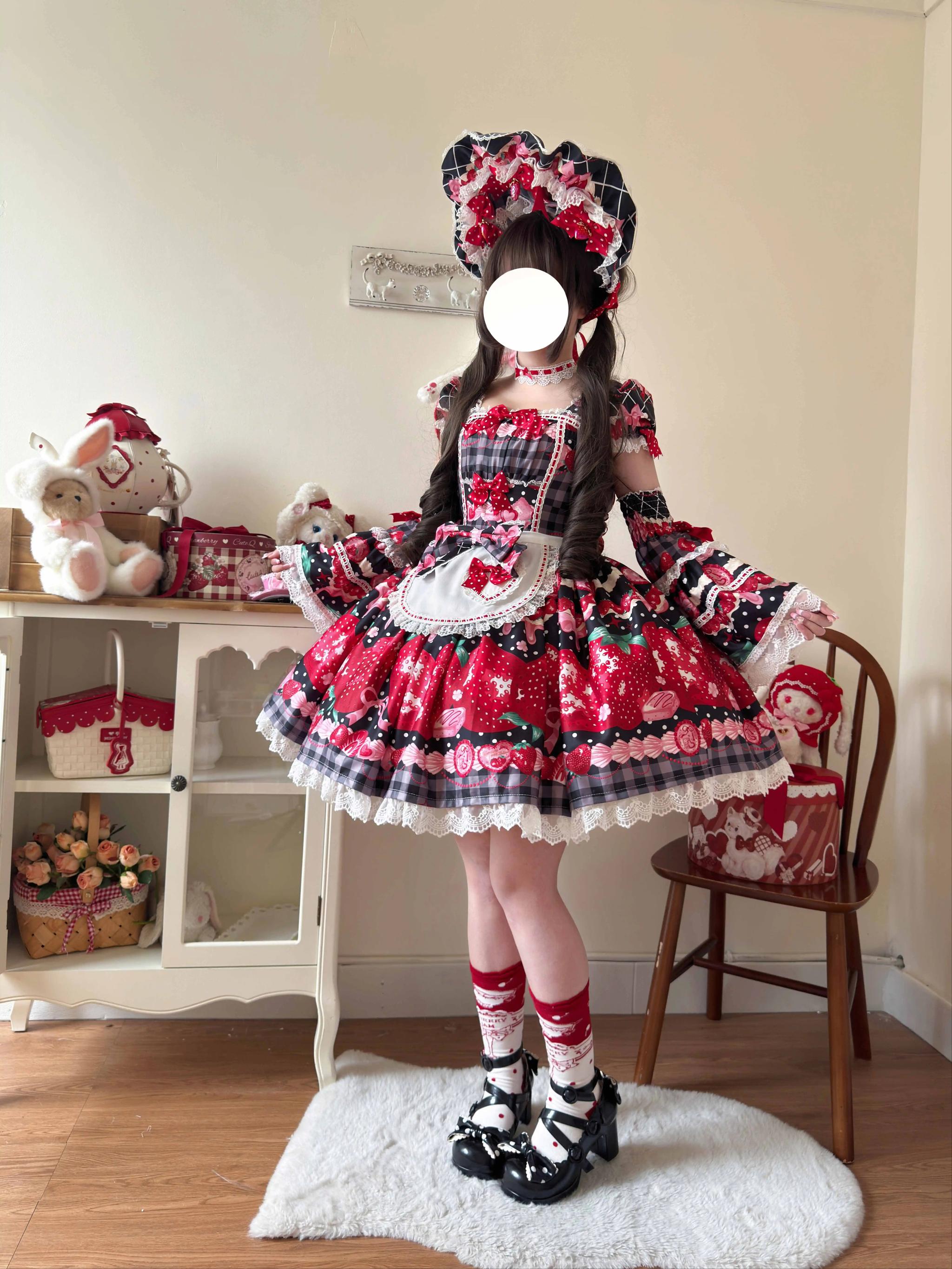 Mengfuzi - Strawberry - Sweet Lolita OP and JSK with Strawberry Print Black S Mini Sleeves OP (comes with apron and bows)