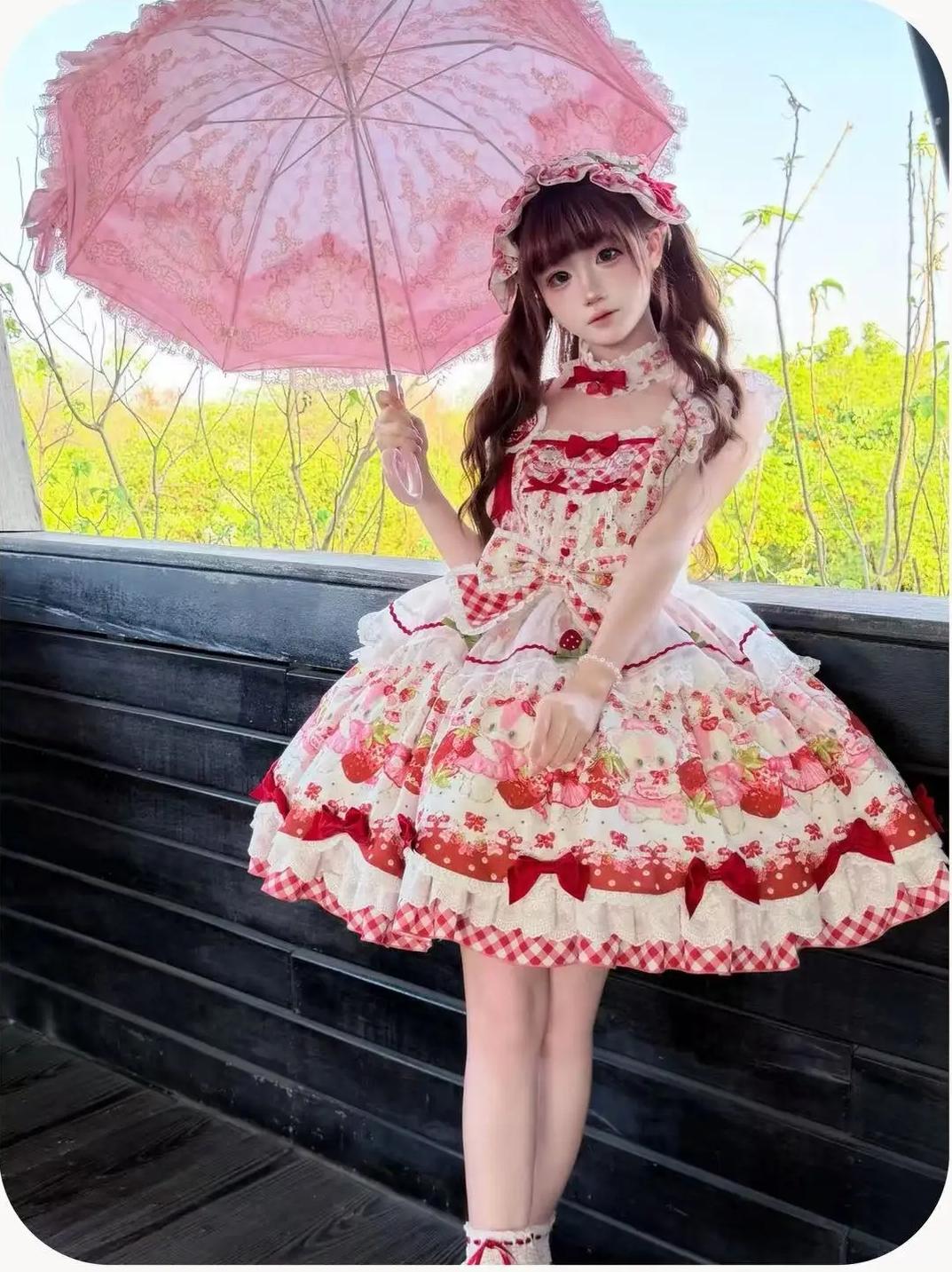 Berry Bear Whisper - Sweet Lolita JSK Set, Strawberry Bear Themed Print 45904:867679