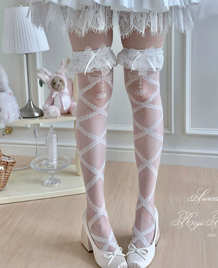 Lolita Cross Printed Socks with Layered Lace Trim Cuff (White) 45516:852730