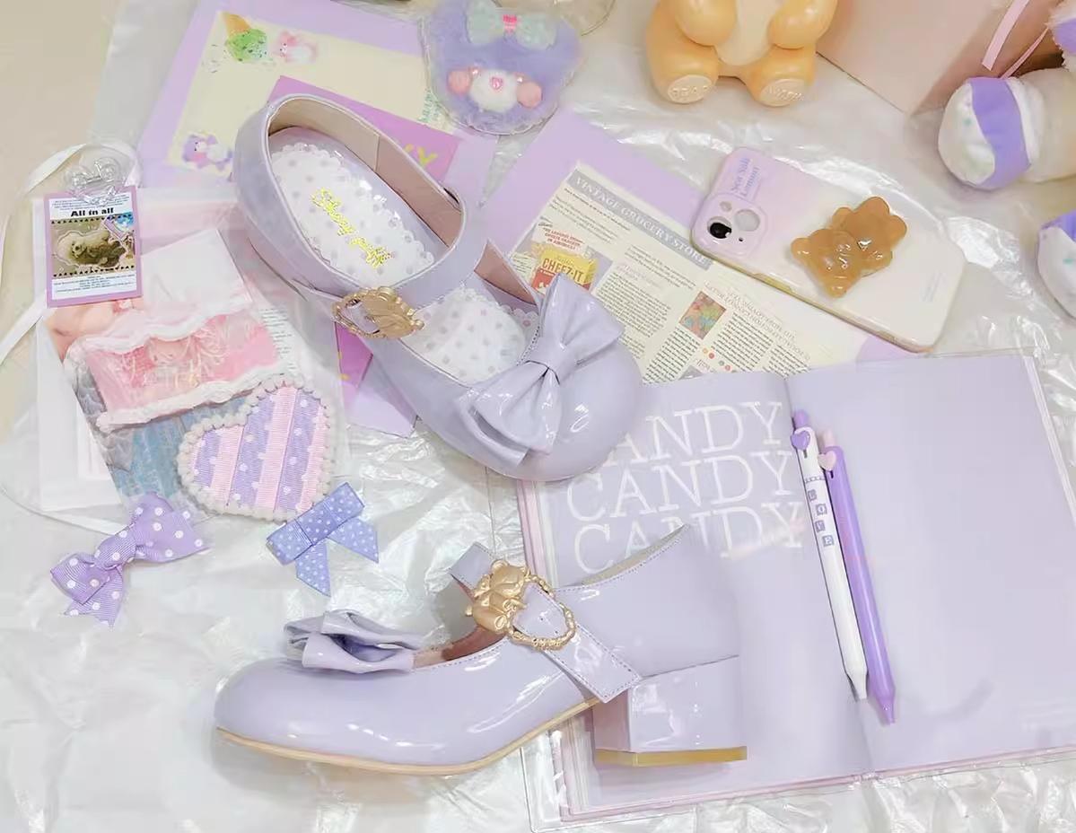 Sheep Puff~Hug Bear~Sweet Lolita Heel Shoes Bear Metal Buckle Bow Shoes 38702:597482