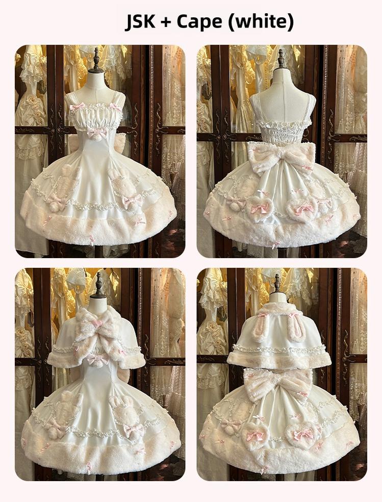 Mengfuzi - Bunny Mochi - Winter Doll-like Sweet Lolita Cape Dress Set White S JSK + Cape