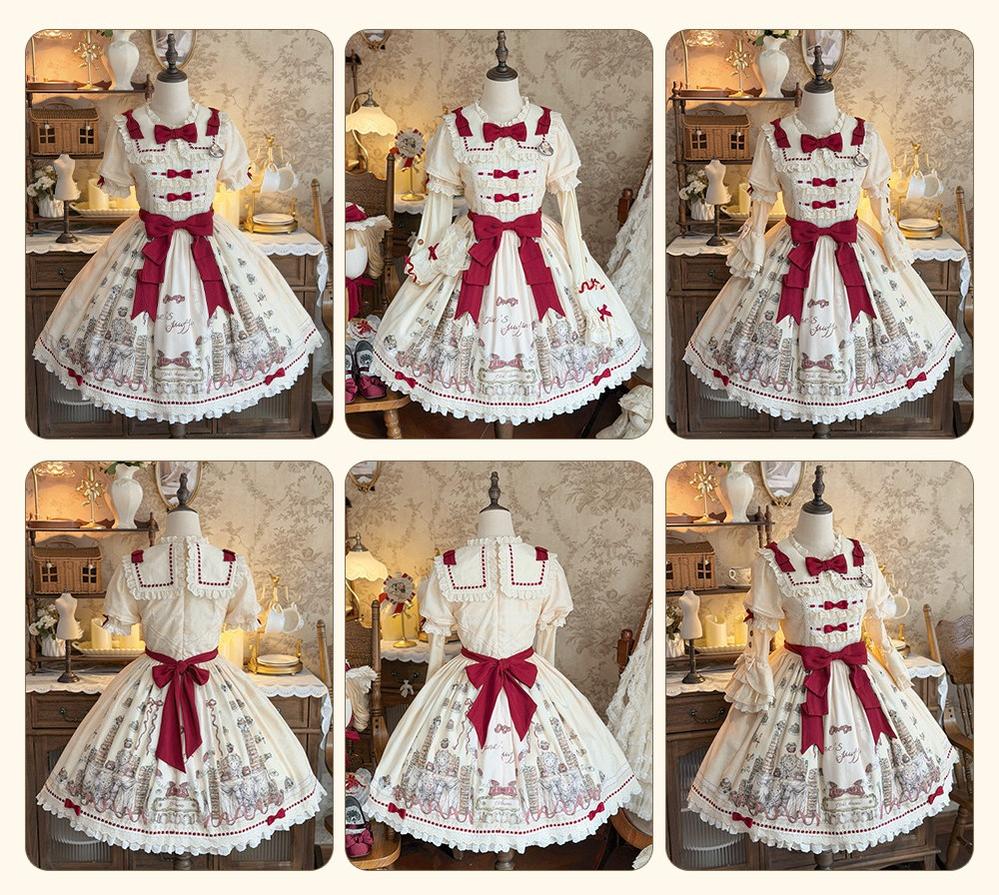 Pancake Postman - Kawaii Lolita Printed OP & Salopette Dress, Lace & Bows 45174:838683