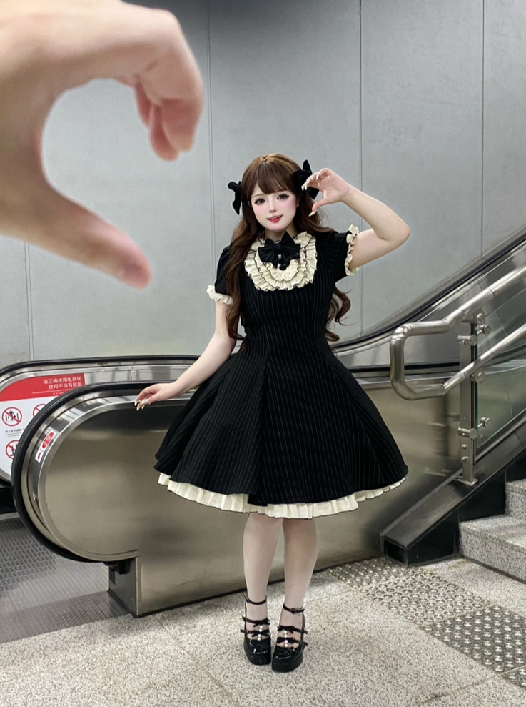 Chubby Cat Diary - Afternoon Tea - Striped Sweet Lolita OP, Petal-Ruffled Apron 44318:804555