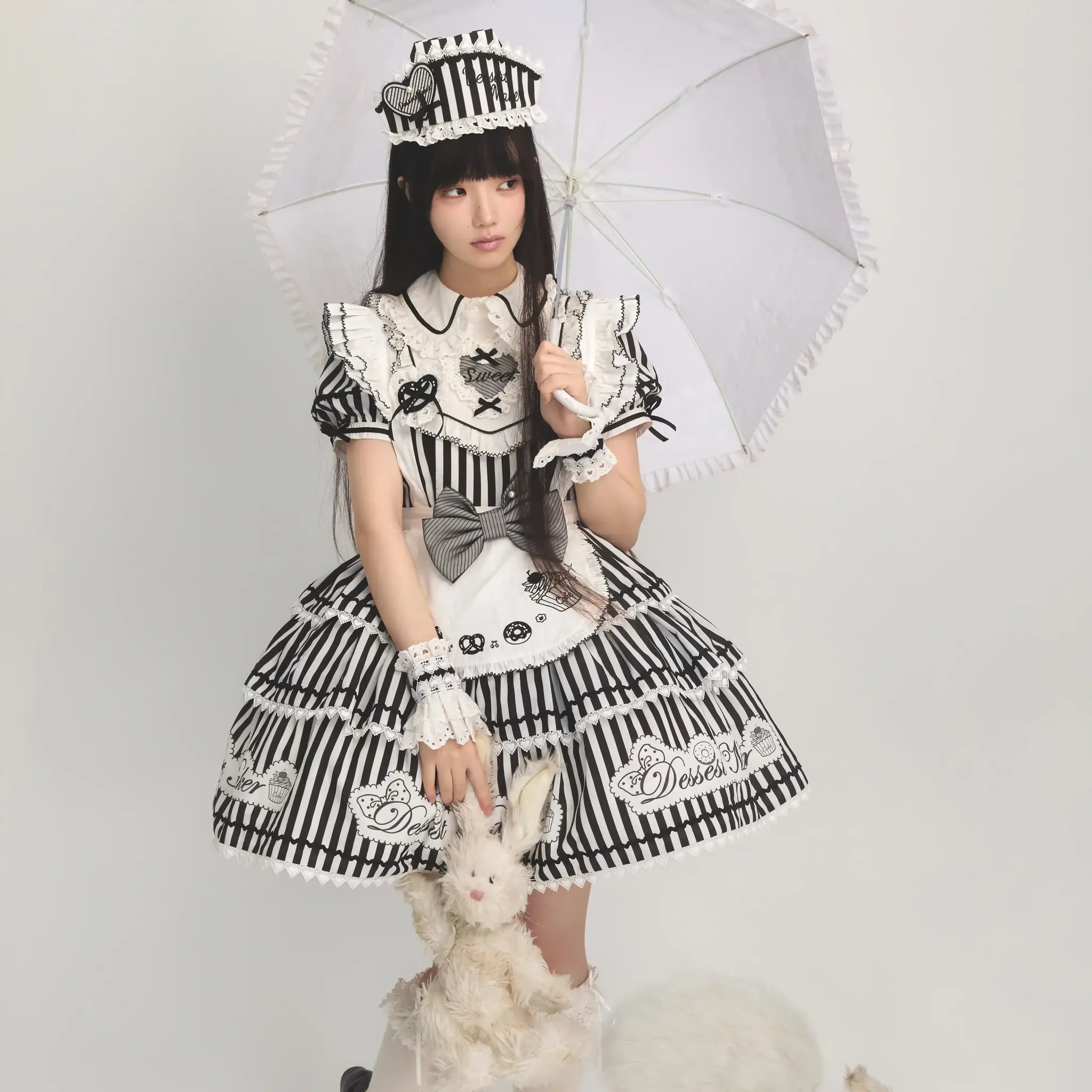 Sweet Butler - Maid Lolita Striped OP Dress, Embroidered Collar 45379:851126