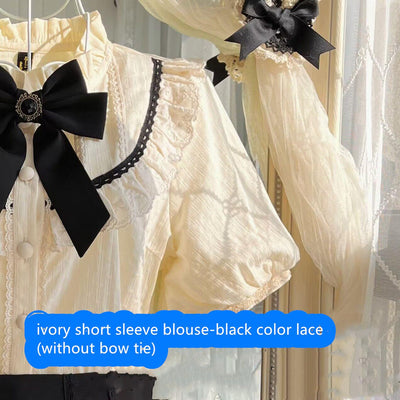 (Buyforme)Uncle Wall Original~Rich Girl~Elegant Lolita SK and Shirt S ivory short sleeve blouse-black color lace 
