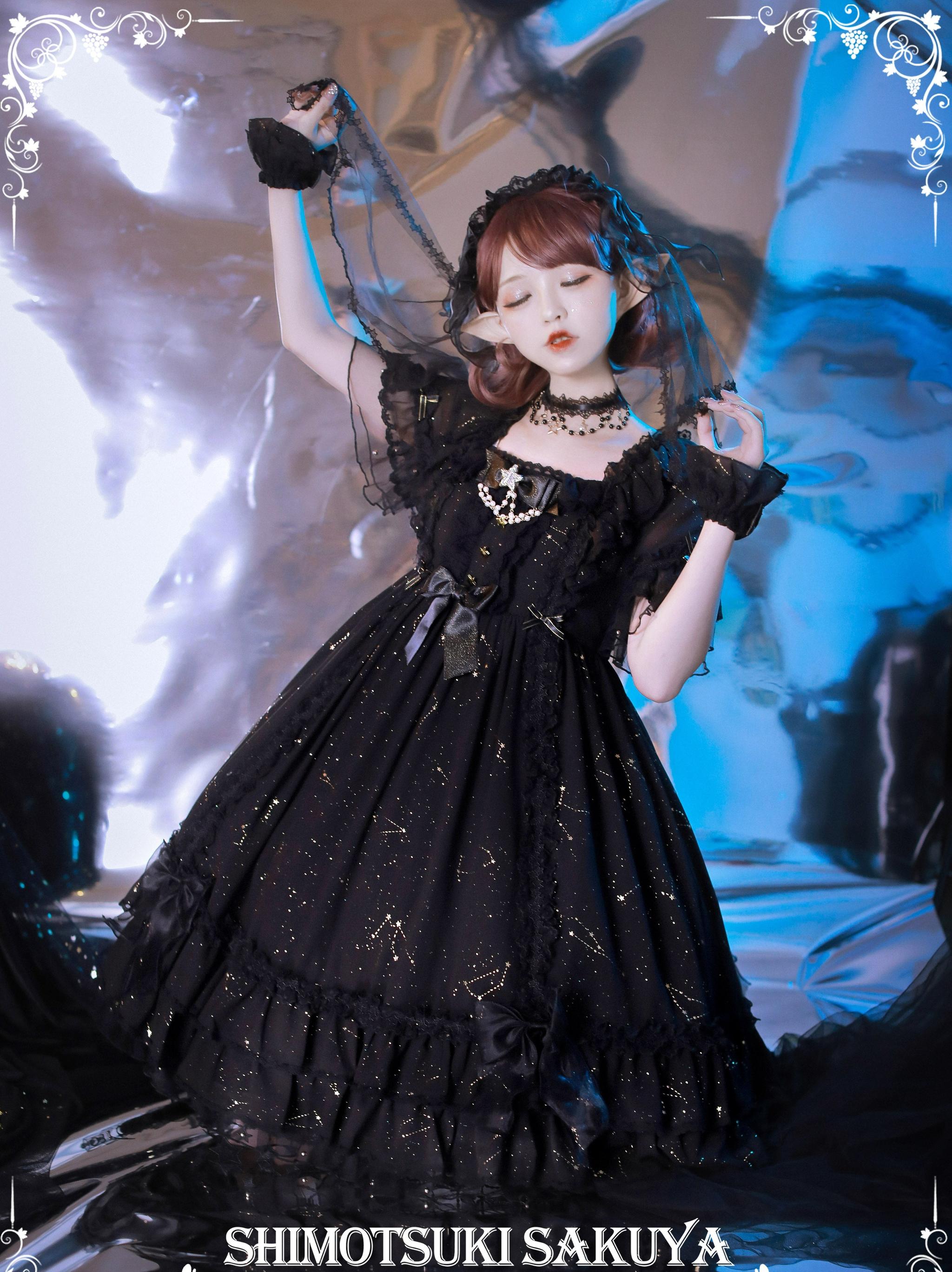 Whisper of Stars - Vintage Lolita Black OP Dress, Constellation-Themed 4556:632522