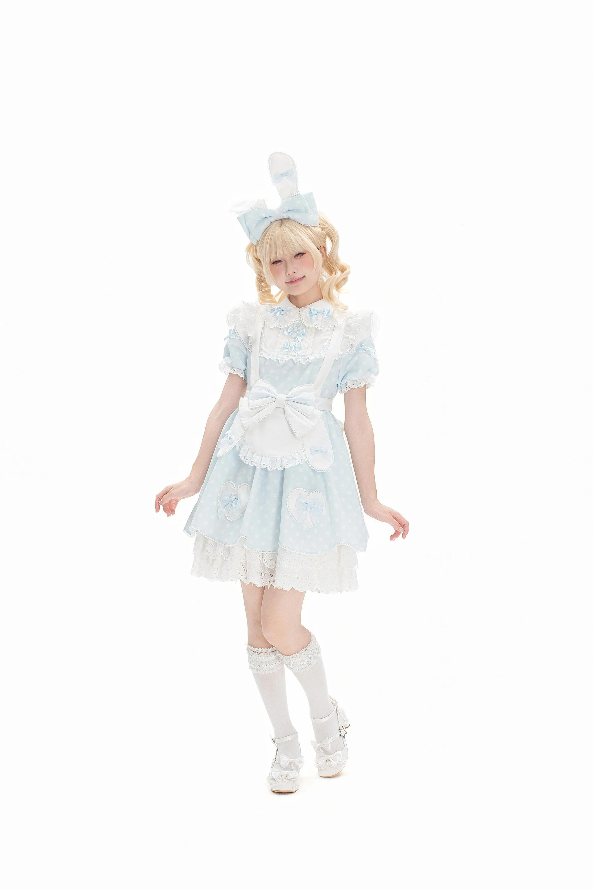 Bunny Kissaten - Four Colors Old School Lolita Polka Dot OP, Bunny Ear Apron 45824:864366
