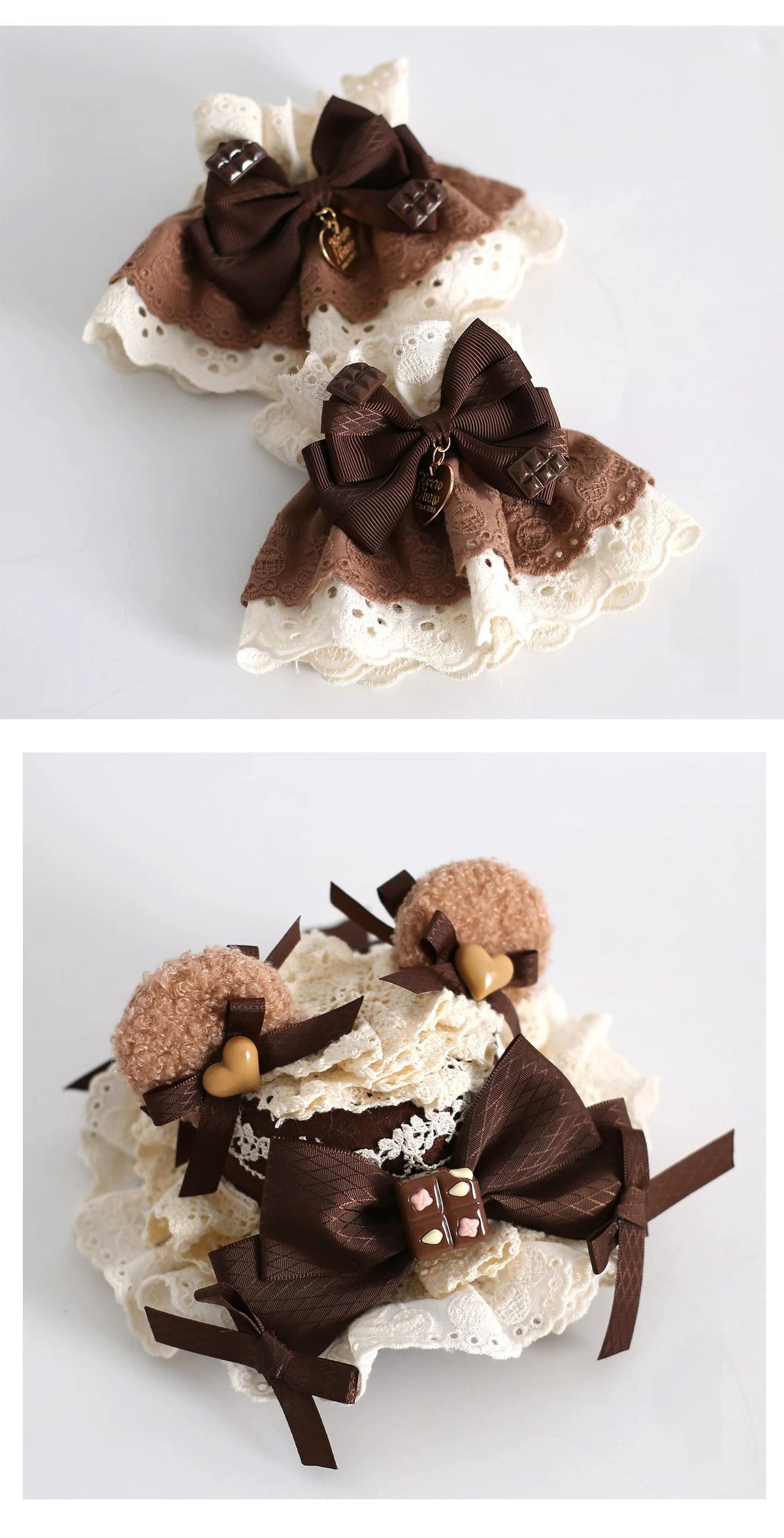 Coffee Brown Kawaii Lolita Hairband Accessory Set, Lace & Bear Ears 46088:874537