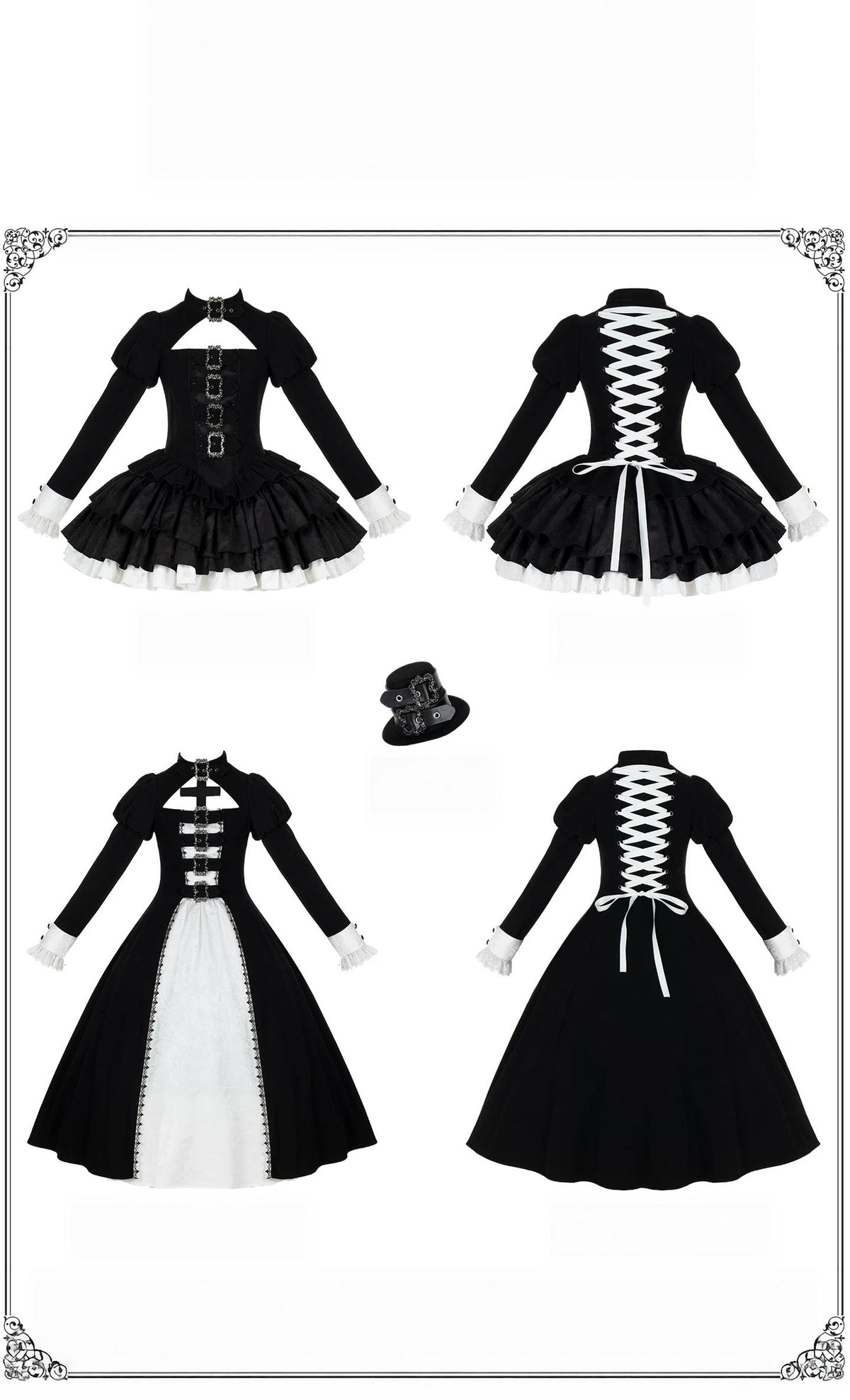 Klein - Black and White Gothic Lolita OP Dress Set, Metal D-rings 45996:871480