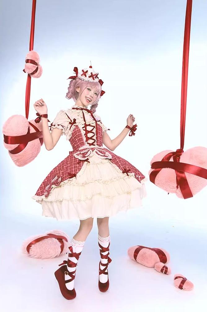 Confession Balloon - Red Plaid Cake Skirt - IP Collab Lolita Plaid JSK Dress