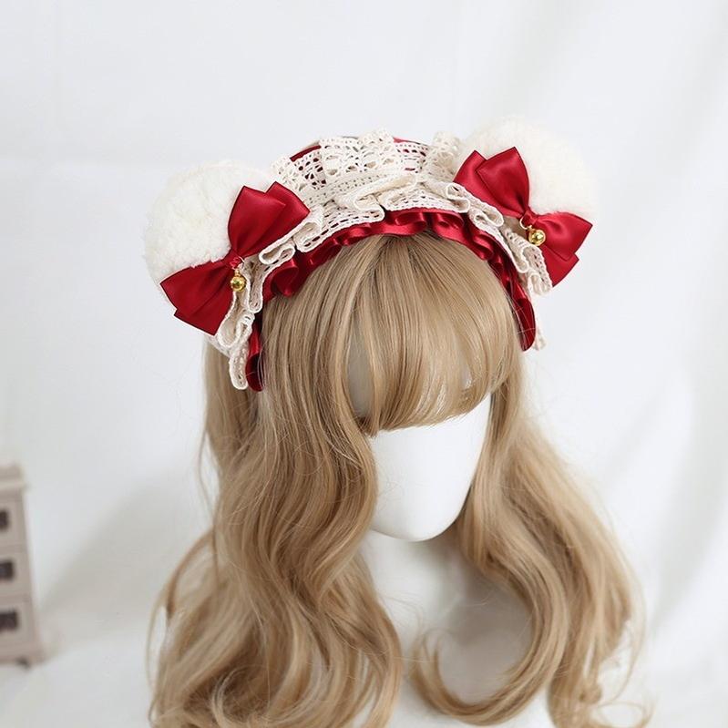Xiaogui - Sweet Lolita KC With Bear Ear and Removable Bell White Bear Ears (Dark Red Bow)