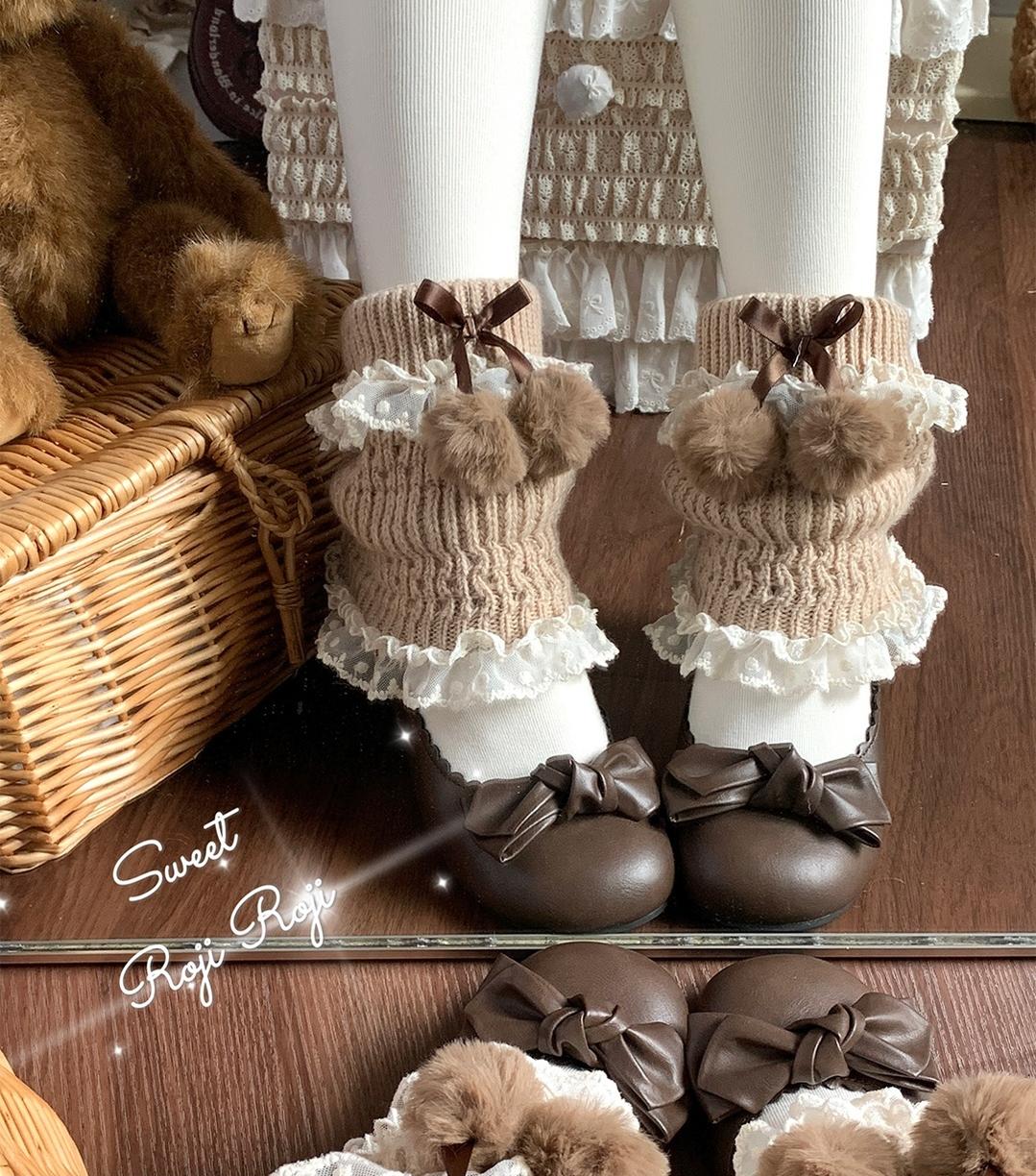 Roji Roji - Kawaii Lolita Wool Leg Warmers, Pom-Pom Accented Bow 43999:791799