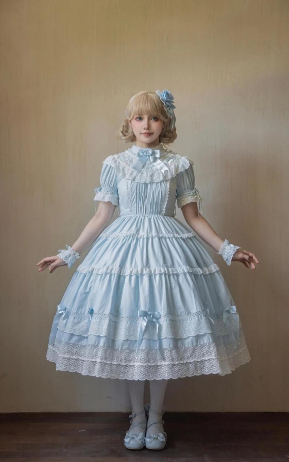 Edelburg Rose - Old School Lolita Cotton OP Dress Set, Detachable Sleeves 45685:859152