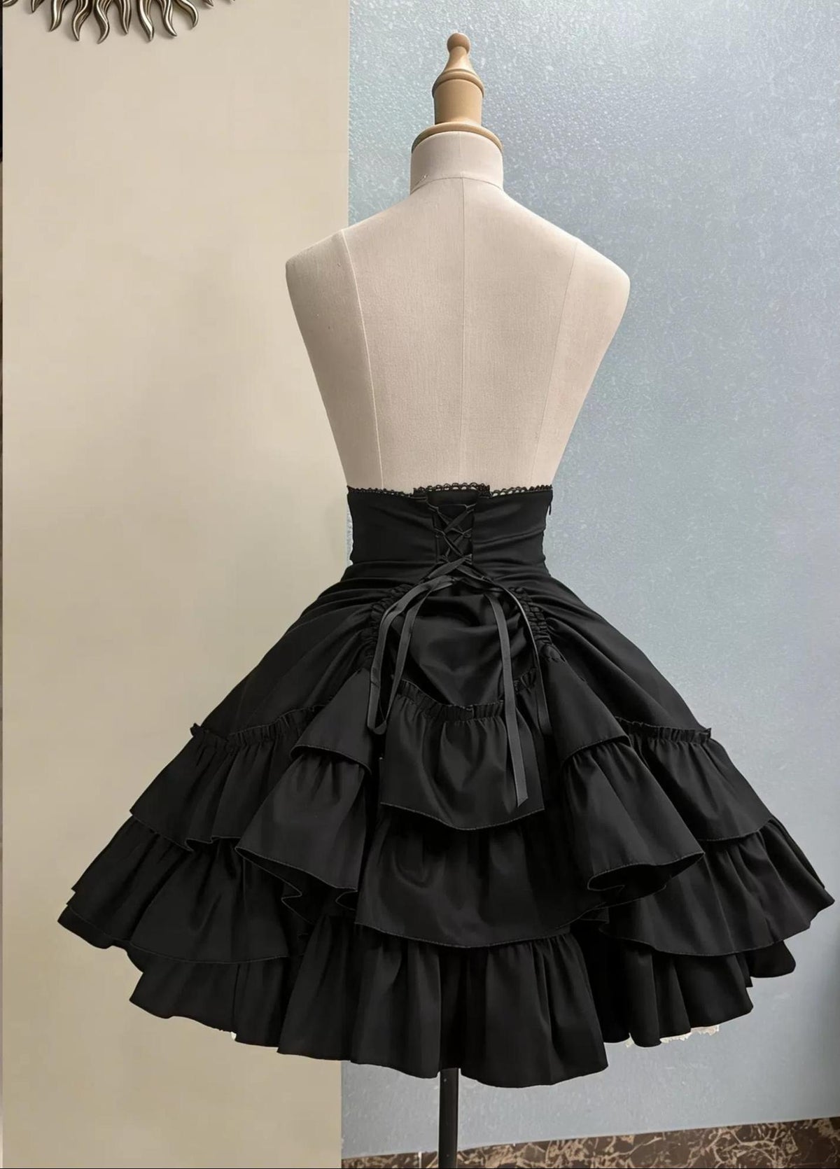 Black Gothic Lolita High Waist Skirt, Drawstring Lift-up Back Hem 46013:872352