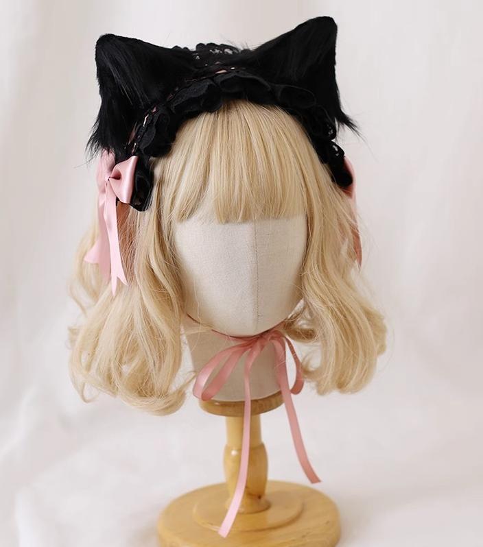 Xiaogui - Gothic Lolita Headband Cat Ear Hairpin Black cat ears + Korean pink headband