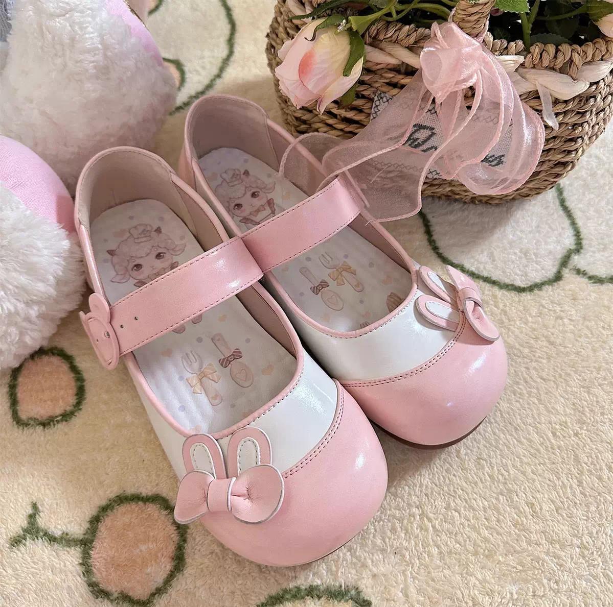 Bunny Milk Candy - Kawaii Lolita Flat Shoes, 3D Bunny Ear Bow