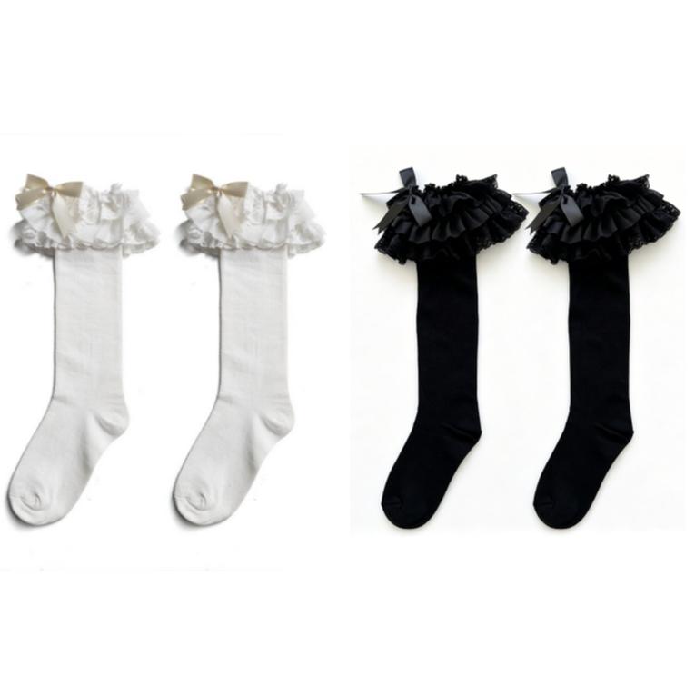 Cotton Lolita Bow Socks with Layered Lace Trim