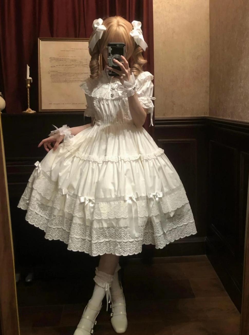 Edelburg Rose - Old School Lolita Cotton OP Dress Set, Detachable Sleeves 45685:859080