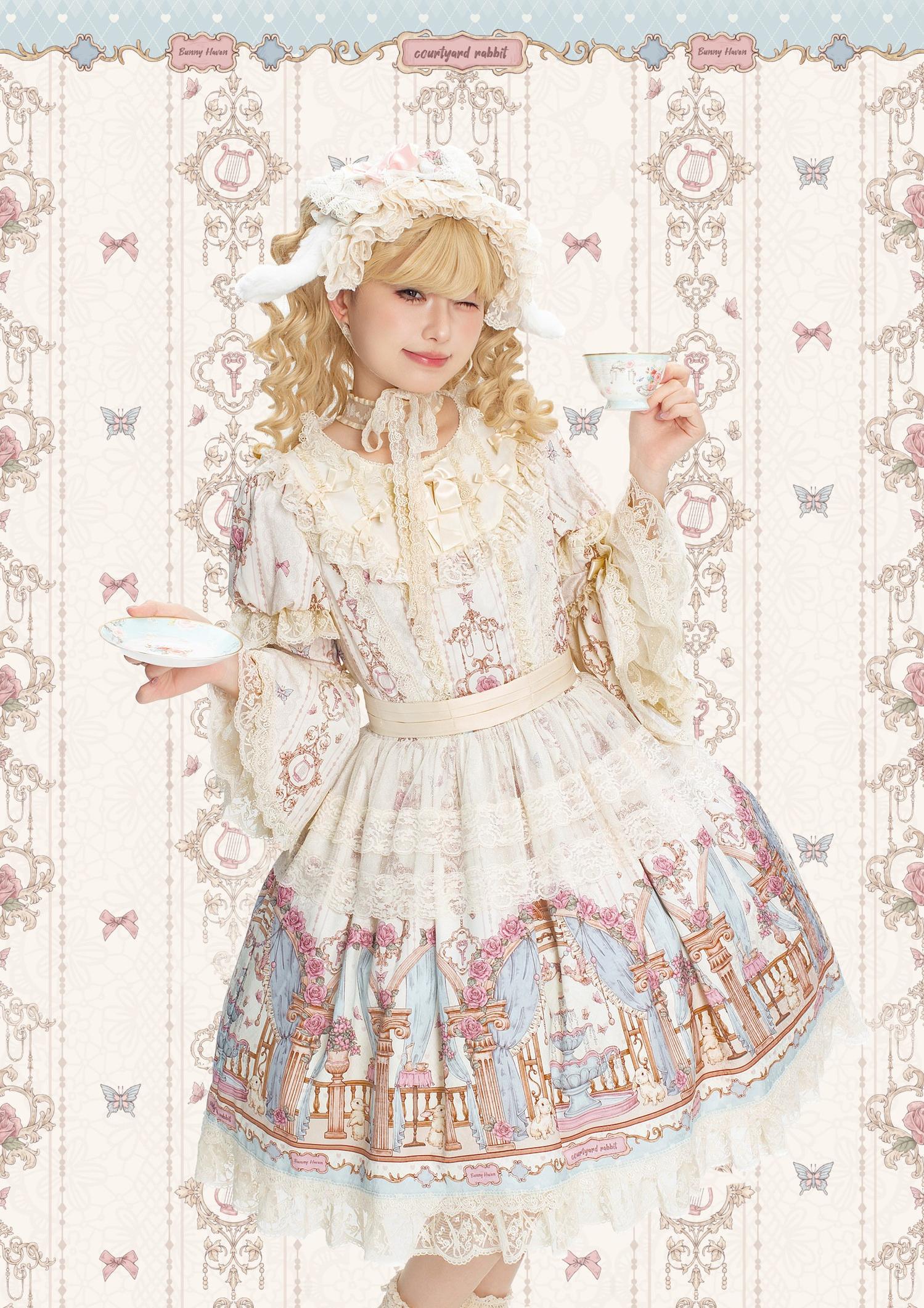 Wandering Rabbit's Palace - Doll-like Classic Lolita Palace Print OP Dress with Lace