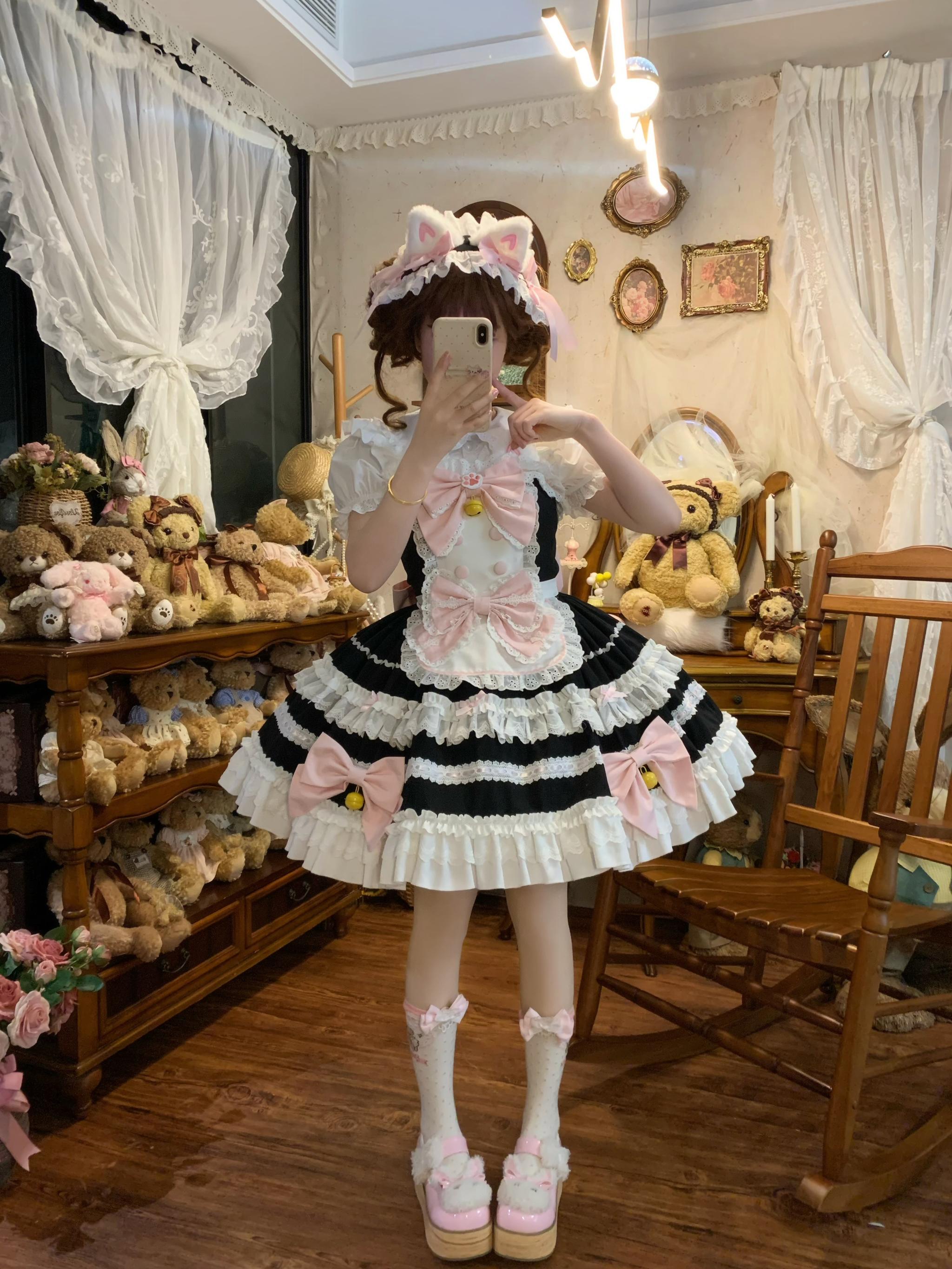 Sugar Girl - MeowRin SweetMaid - Sweet Lolita JSK, Adjustable Straps Black JSK + Apron + Pink Back Bow + Headband S