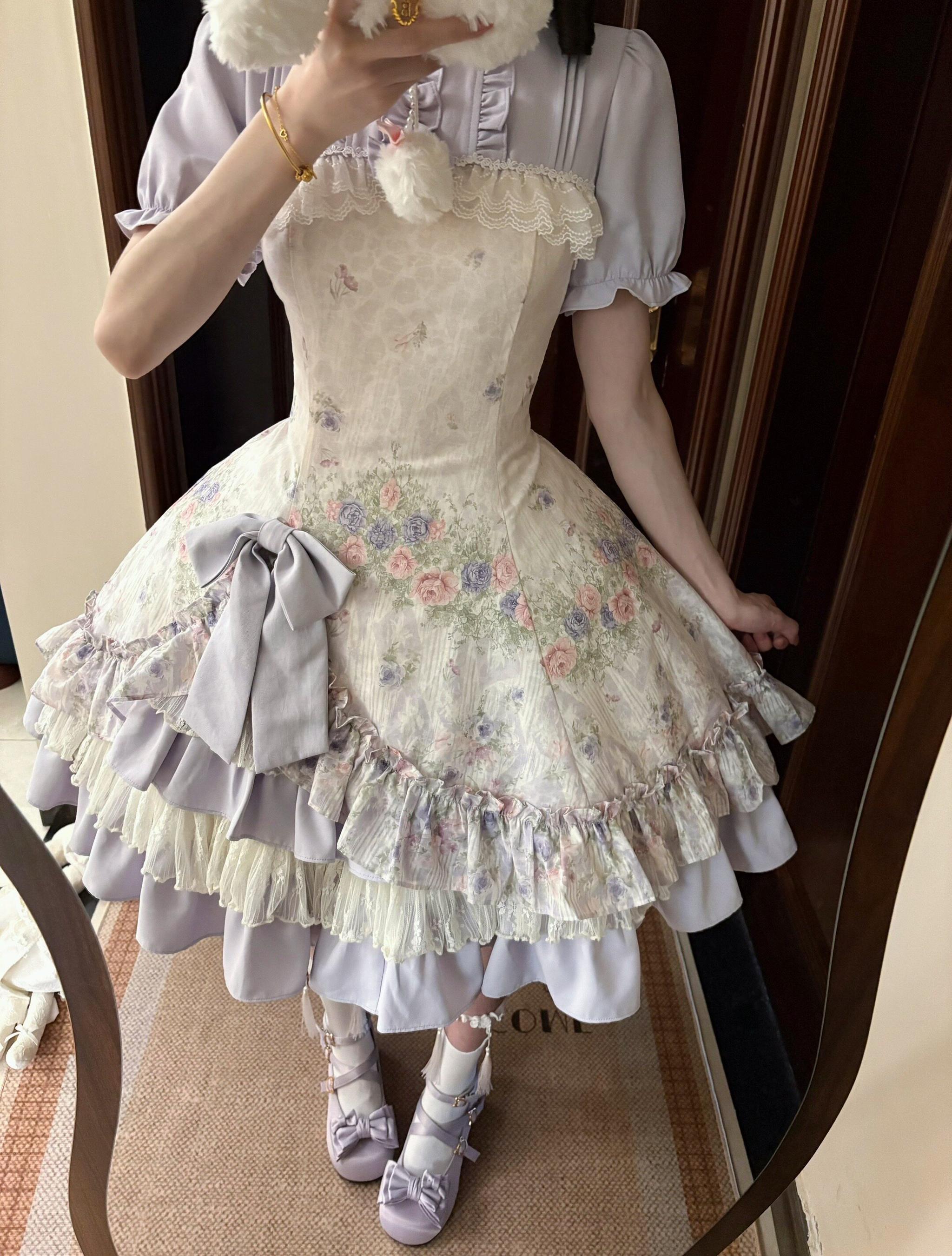 Yuri's Garden - Classic Floral Printed Lolita Dress with Lace 45541:852326