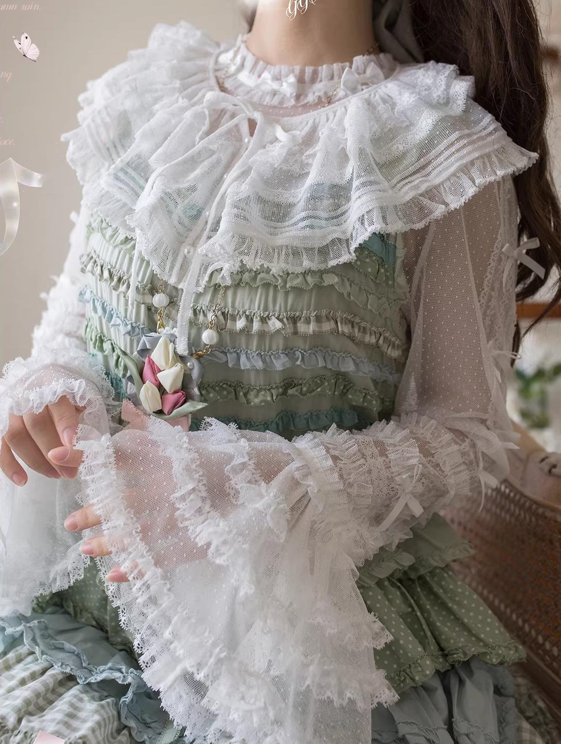 Vernal Feast - Polka Dot Lolita Blouse, Ruffled False Collar