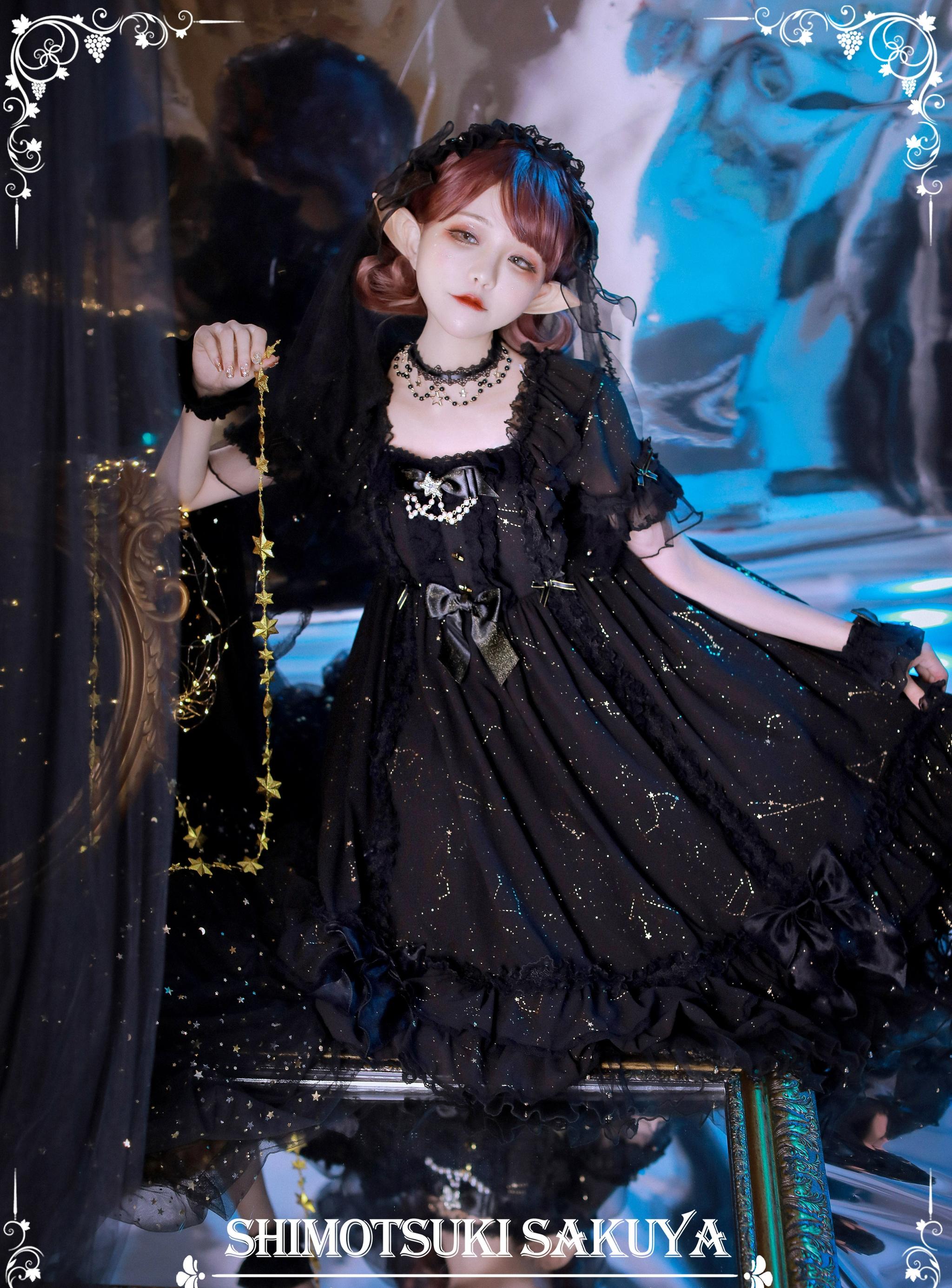 Whisper of Stars - Vintage Lolita Black OP Dress, Constellation-Themed 4556:632520