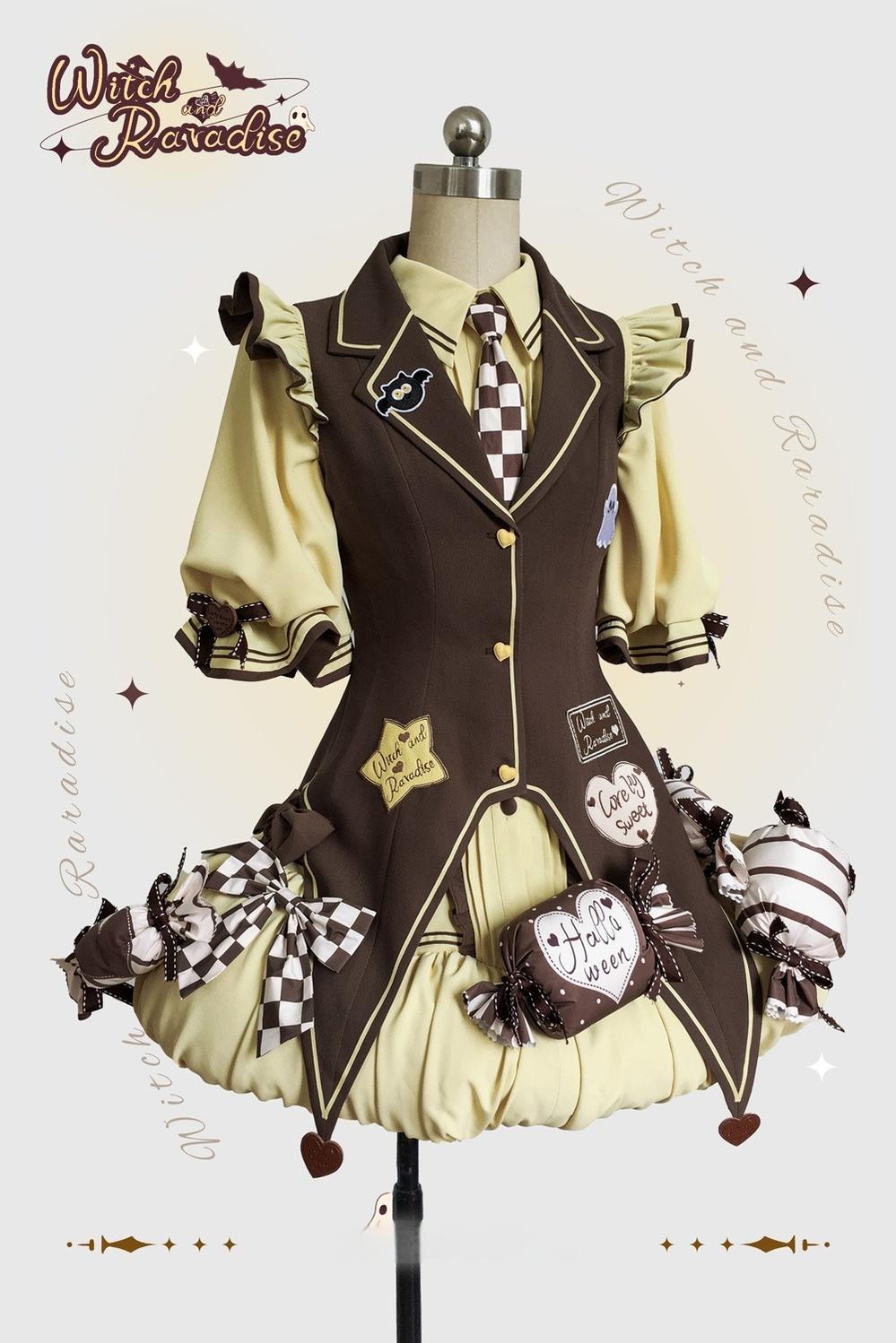 Piggy Bun- Witch Paradise - Kawaii Lolita OP Witch Themed Dress with Pointed Hem Vest OP (with candy decoration and a necktie) + Vest + Detachable Cuffs XS