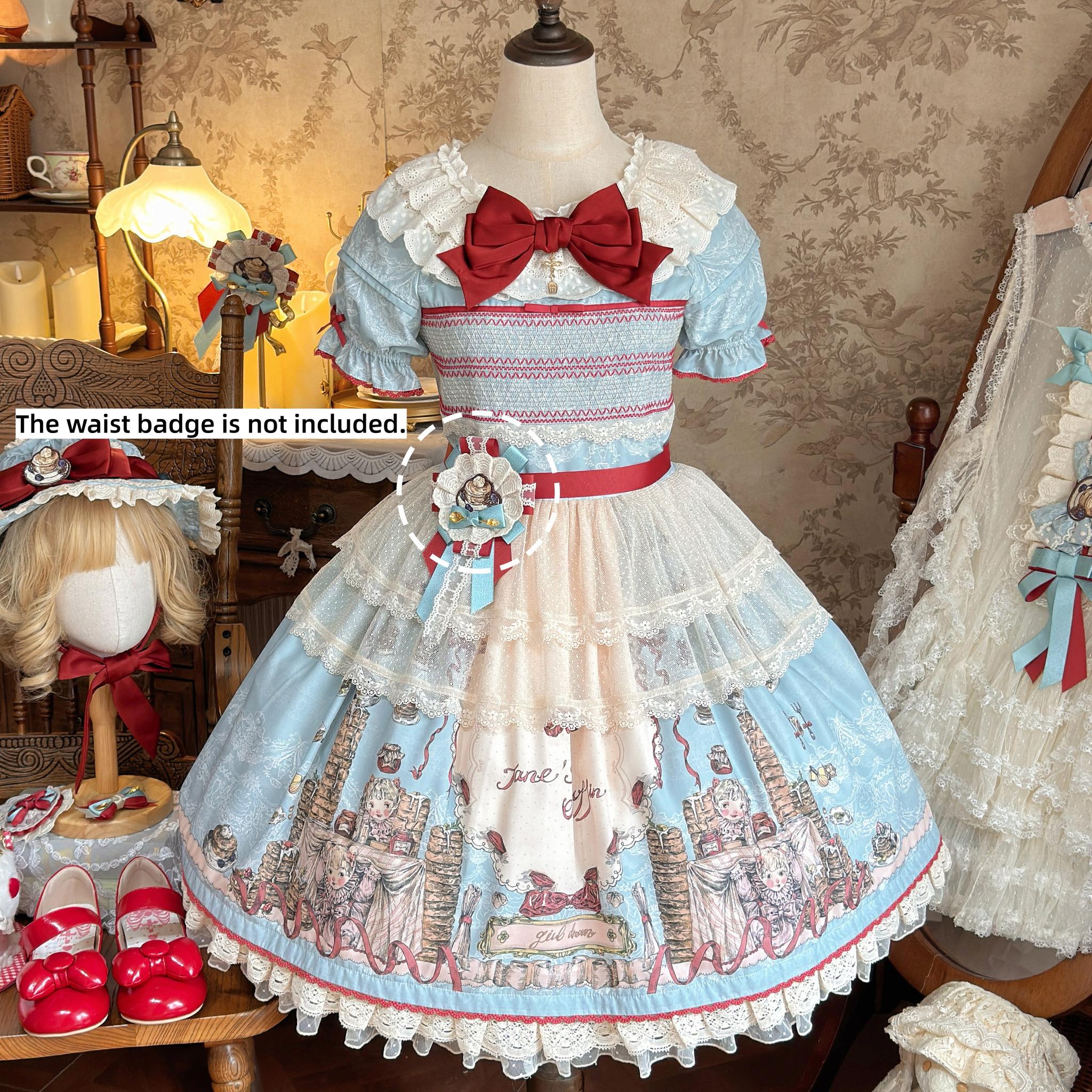 Pancake Postman - Kawaii Lolita Printed OP & Salopette Dress, Lace & Bows (L M S XL) 45174:838702