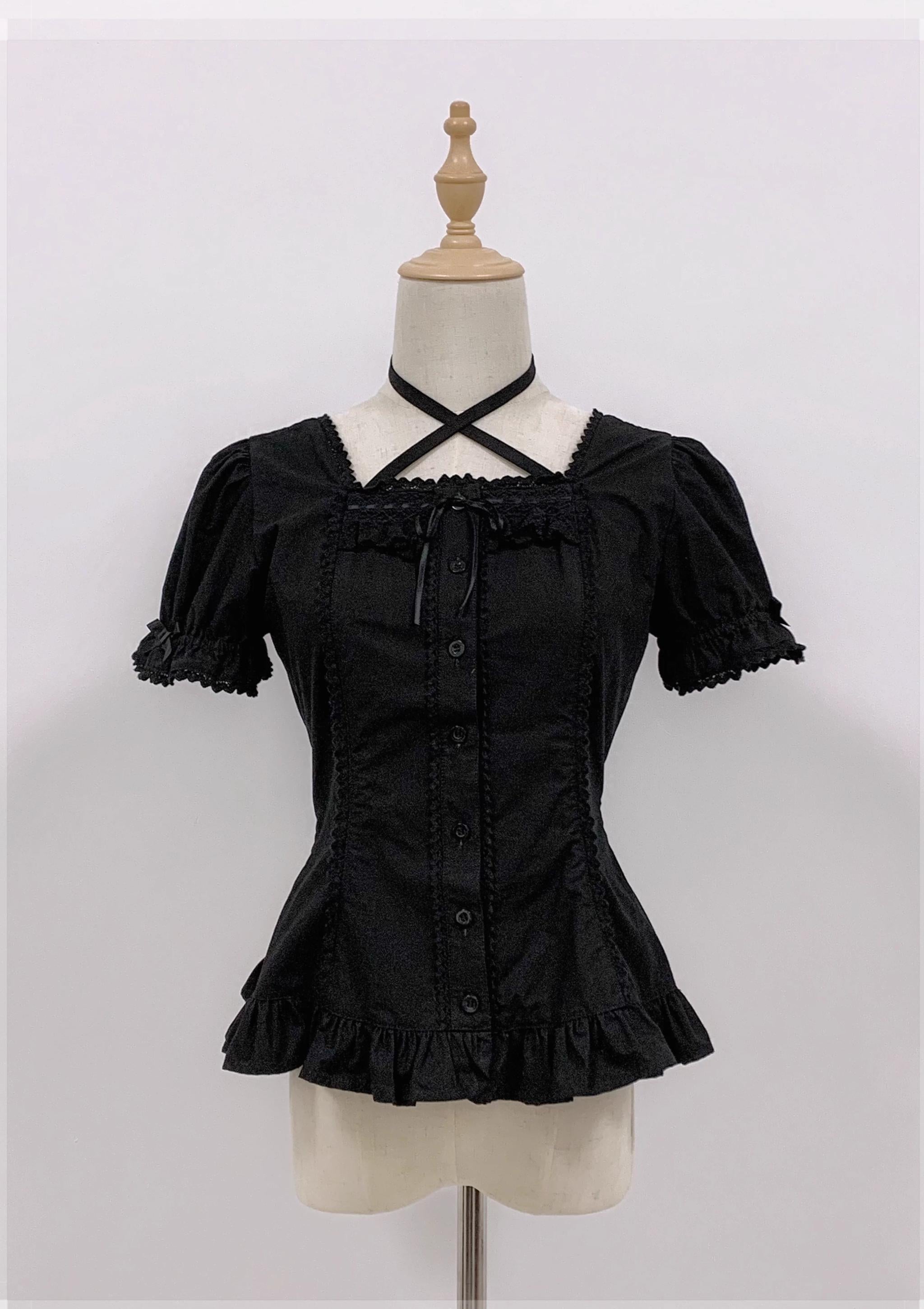 Haruhime Momoko - Cotton Old School Lolita Blouse, Cross Halter Neck Black - Short Sleeve Blouse Only One Size
