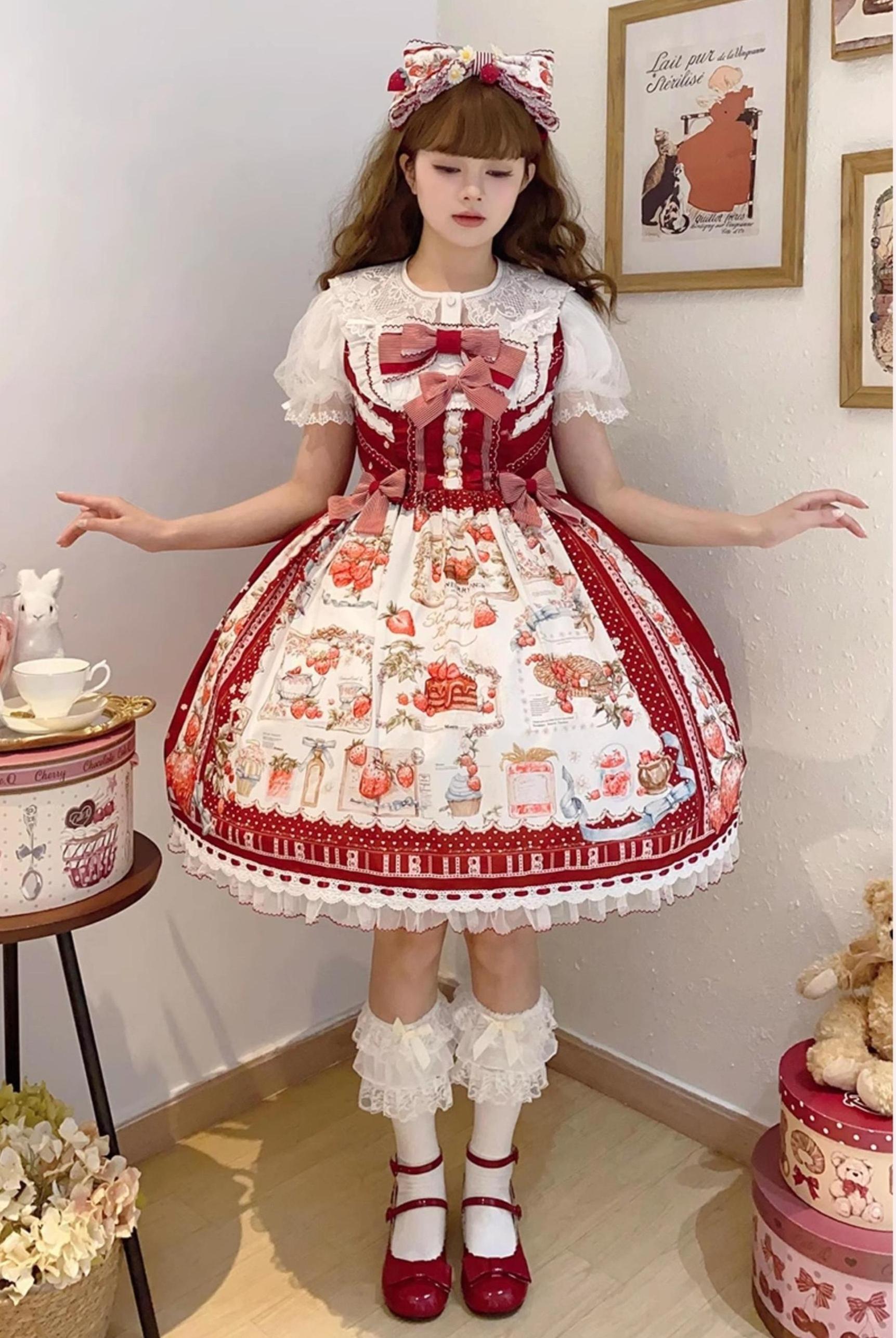 Balladeer - Strawberry Manor - Sweet Lolita JSK Dress, Strawberry Print 43417:798479