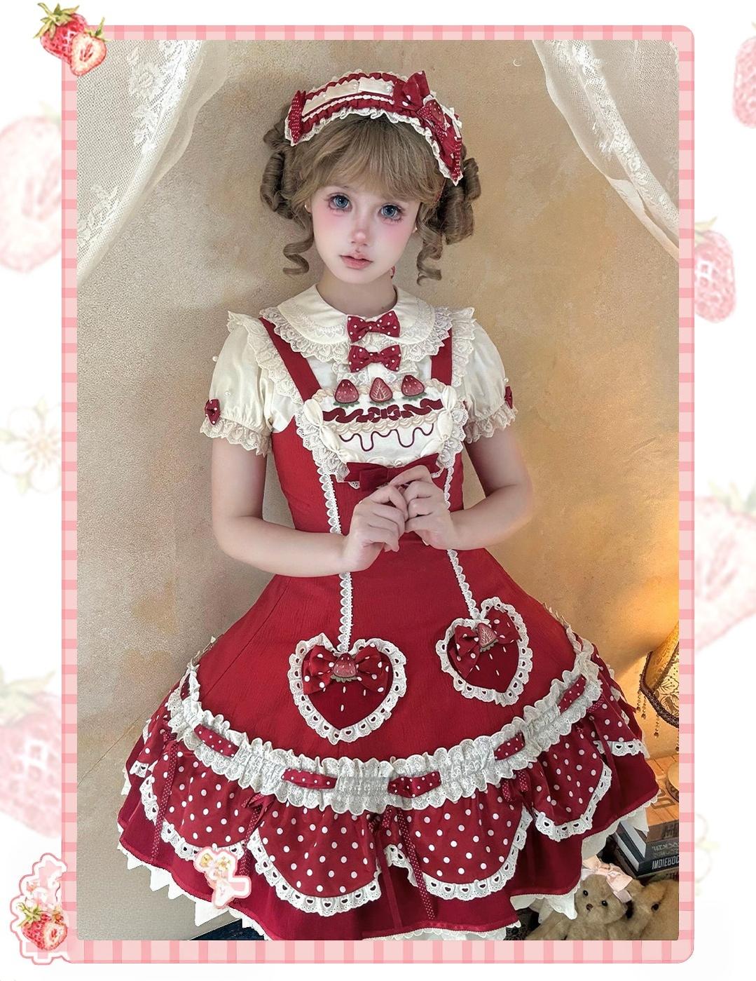 Cream Berry Party - Sweet Lolita JSK Dress, Strawberry Polka-Dot Print 45860:866843