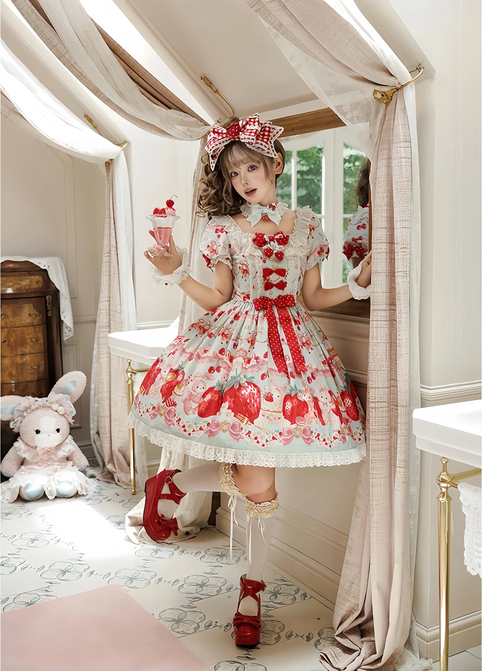 Strawberry Momo Party - Sweet Lolita OP and JSK, Strawberry Print and Cake Embroidery 45548:853274